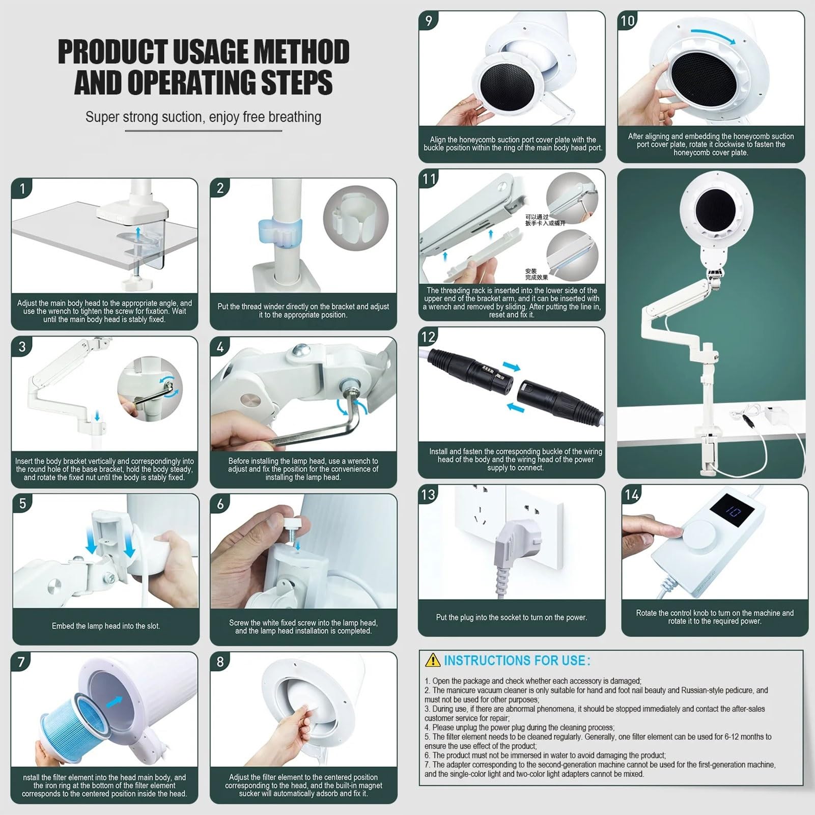 Aspiratore Unghie con Luce, Aspirapolvere Industriale per Unghie da 80 W con Filtro Riutilizzabile E Supporto da Tavolo Universale, Ventilatore A Basso Rumore per Lucidatura E Salone
