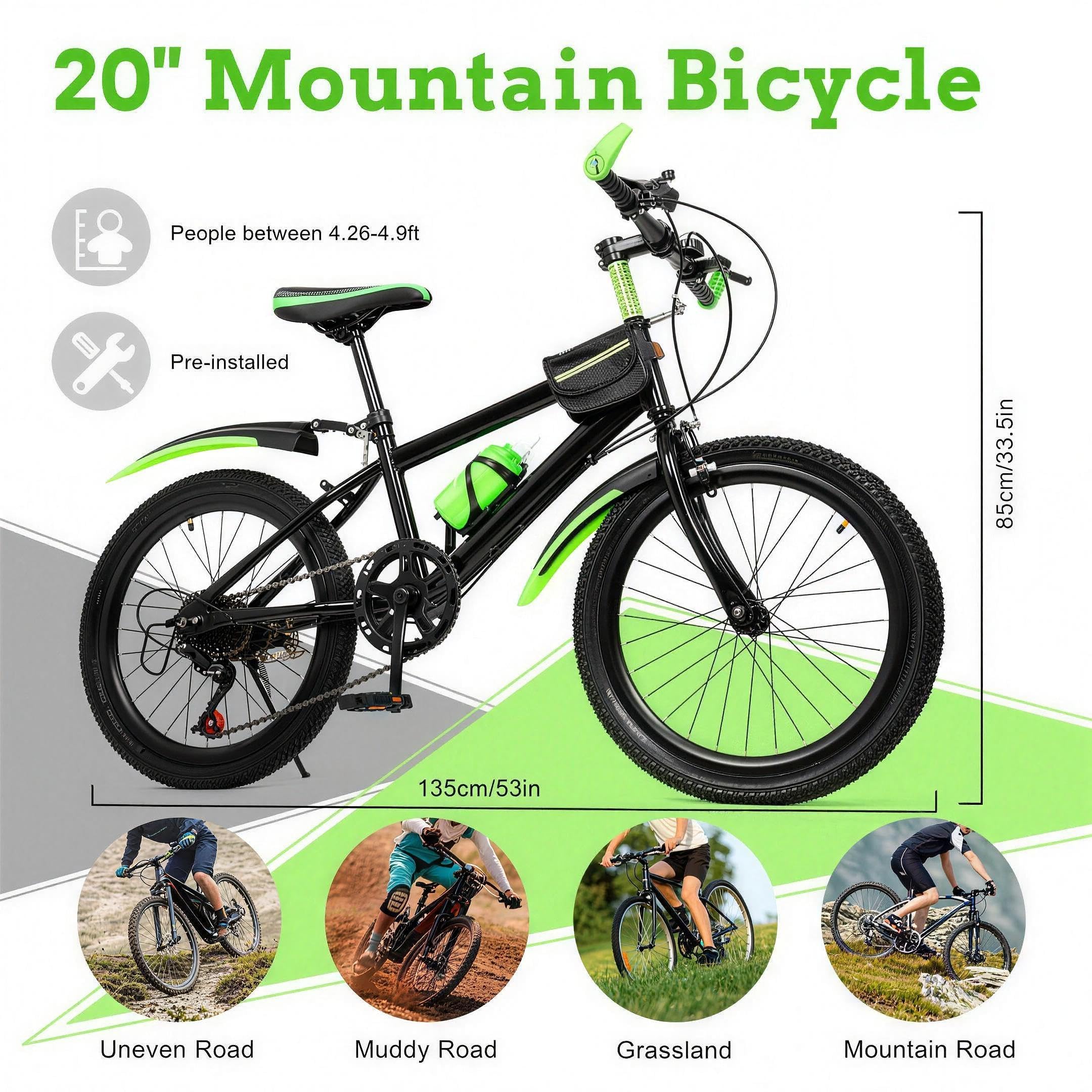 Mountainbike Kinderfahrrad 20 Zoll, 7-Gang-Schaltung | Scheibenbremse & Federgabel, für Kinder ab 6-13 Jahren, mit Schutzblech, Wasserflasche & Kompassglocke, 20 Zoll Fahrrad Junge