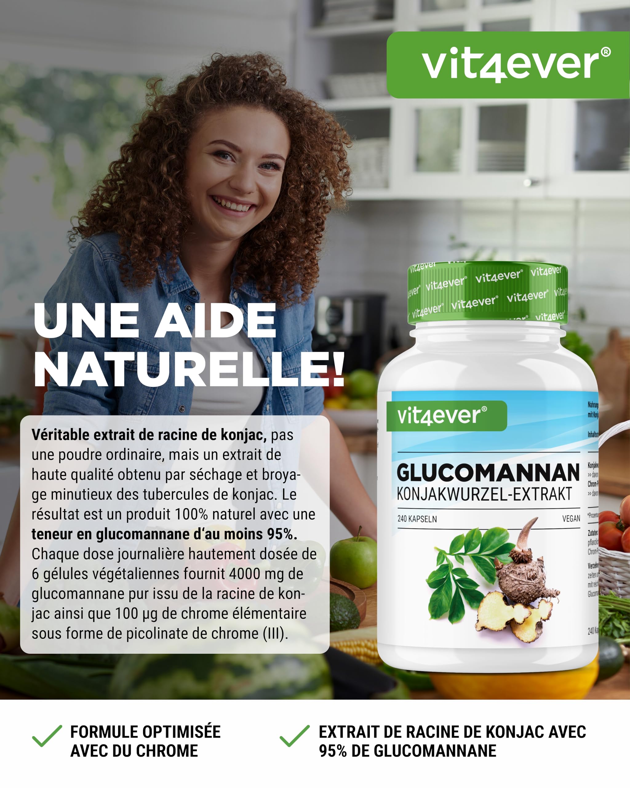 Glucomannane de la Racine de Konjac - 240 Gélules - Fortement Dosé avec 4200 mg par Portion Journalière - Optimisé avec du Chrome - Végétalien