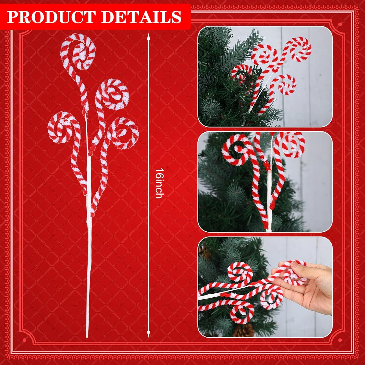 Gerrii 6 Pcs Red and White Candy Cane Christmas Decoration 16" Tree Pick Peppermint Christmas Ornament Xmas Tree Topper Woolen Curly Lollipop Pick Spray for Holiday Party Vase Wreath Garland - Image 2