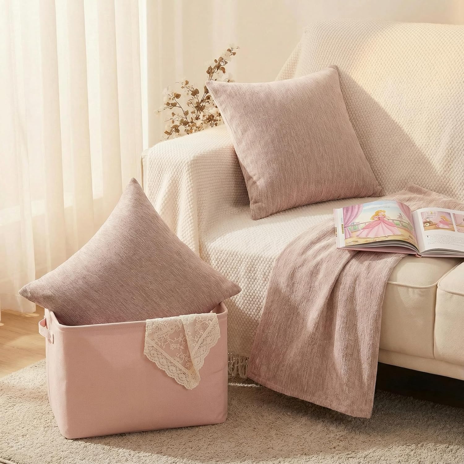 Set of 4 Blush Pink Throw Pillow Covers 18x18 Inch, Neutral Boho Farmhouse Aesthetic Decorative Pillow Cases for Couch, Sofa, Living Room & Bed, Chenille Pillow Cases, Stylish Home Decor, 45x45 cm