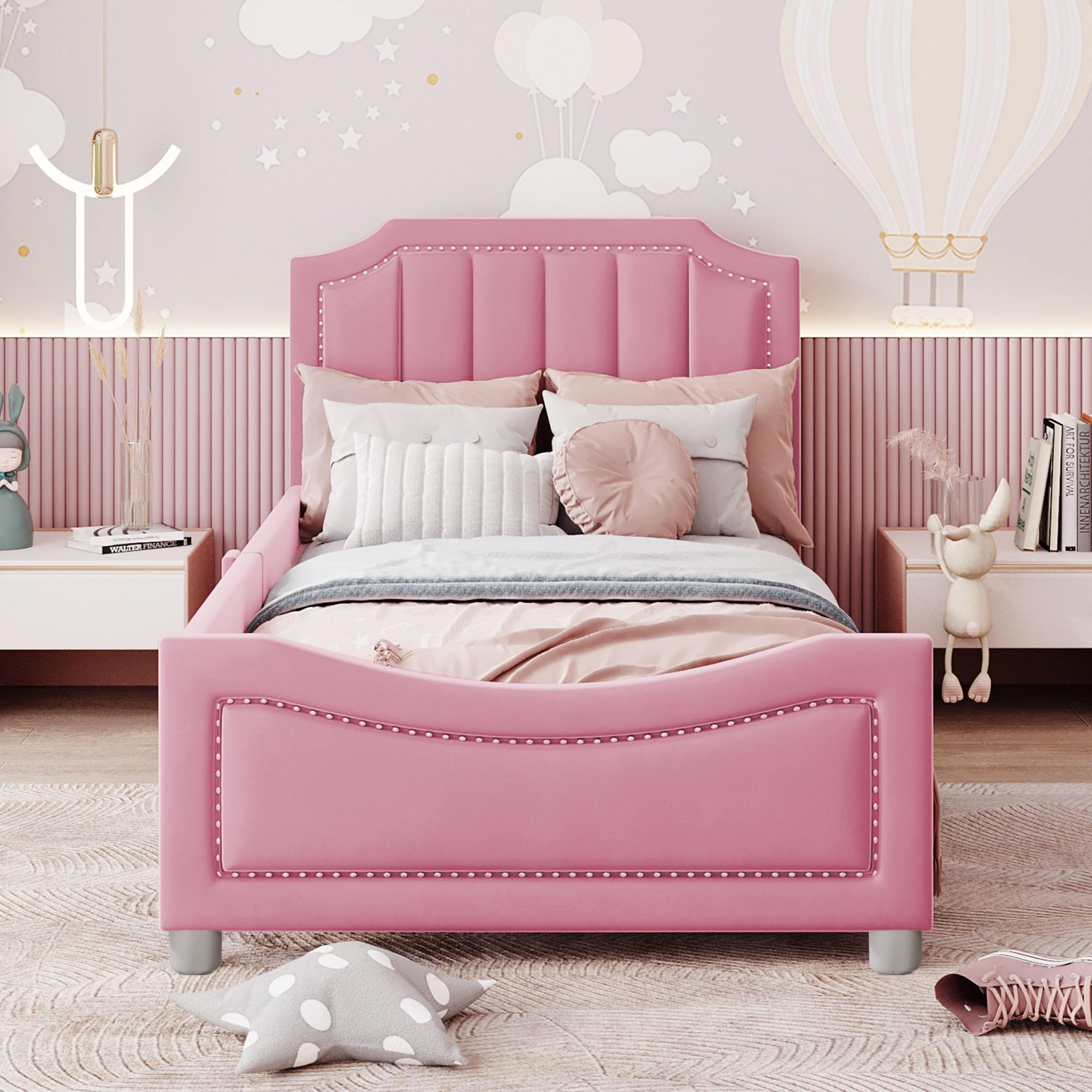 HaoChrymec Lit Enfant 90 x 200 cm en Velours, Lit Multifonction avec Tiroir Extensible, Rangement et Éclairage LED Changeant de Couleur, Lit de Nuit, Lit Parents-Enfants, Rose