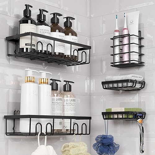 Miniatura 5 de Paquete de 5 organizadores de ducha, estante organizador de ducha adhesivo fuerte con ganchos, estante de almacenamiento de ducha de acero
