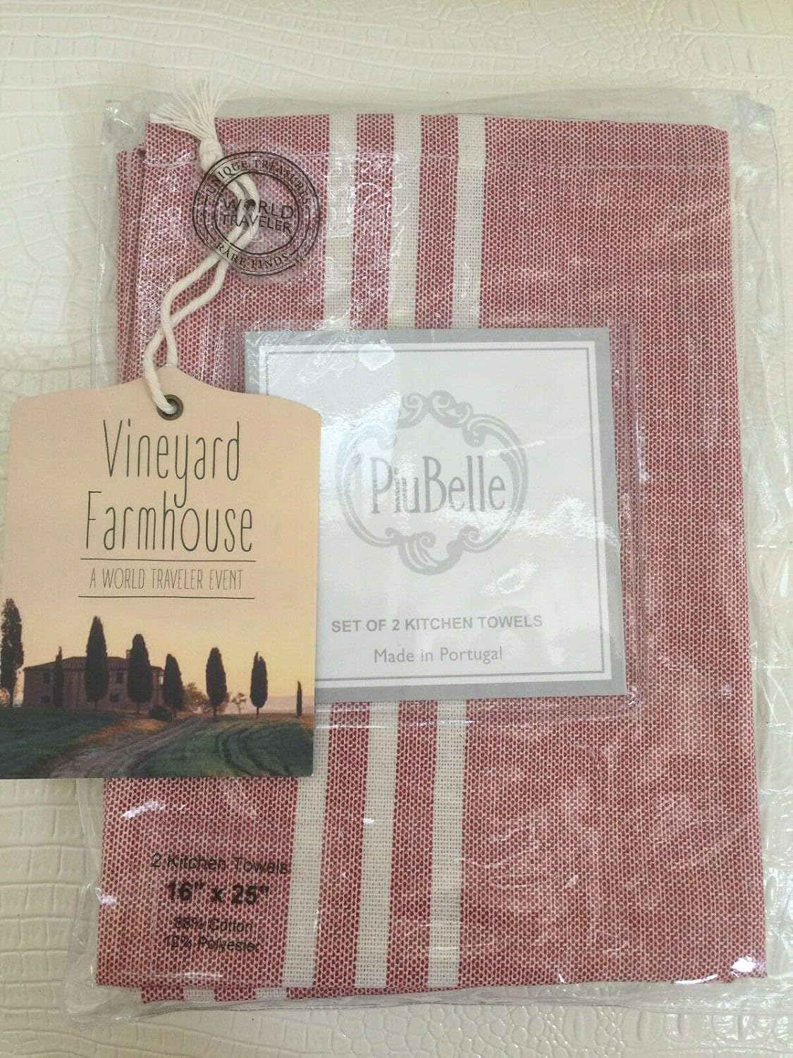 PiuBelle 2 Kitchen Towels FINE LINENS Portugal Cotton Blend 16”x25” (Red)
