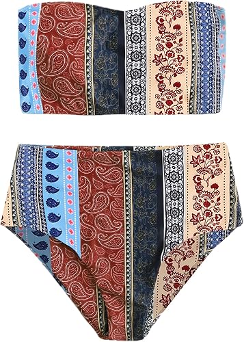 Floerns Women's Boho Two Piece High Waist Bathing Suit Bandeau Swimsuit A Multi Striped