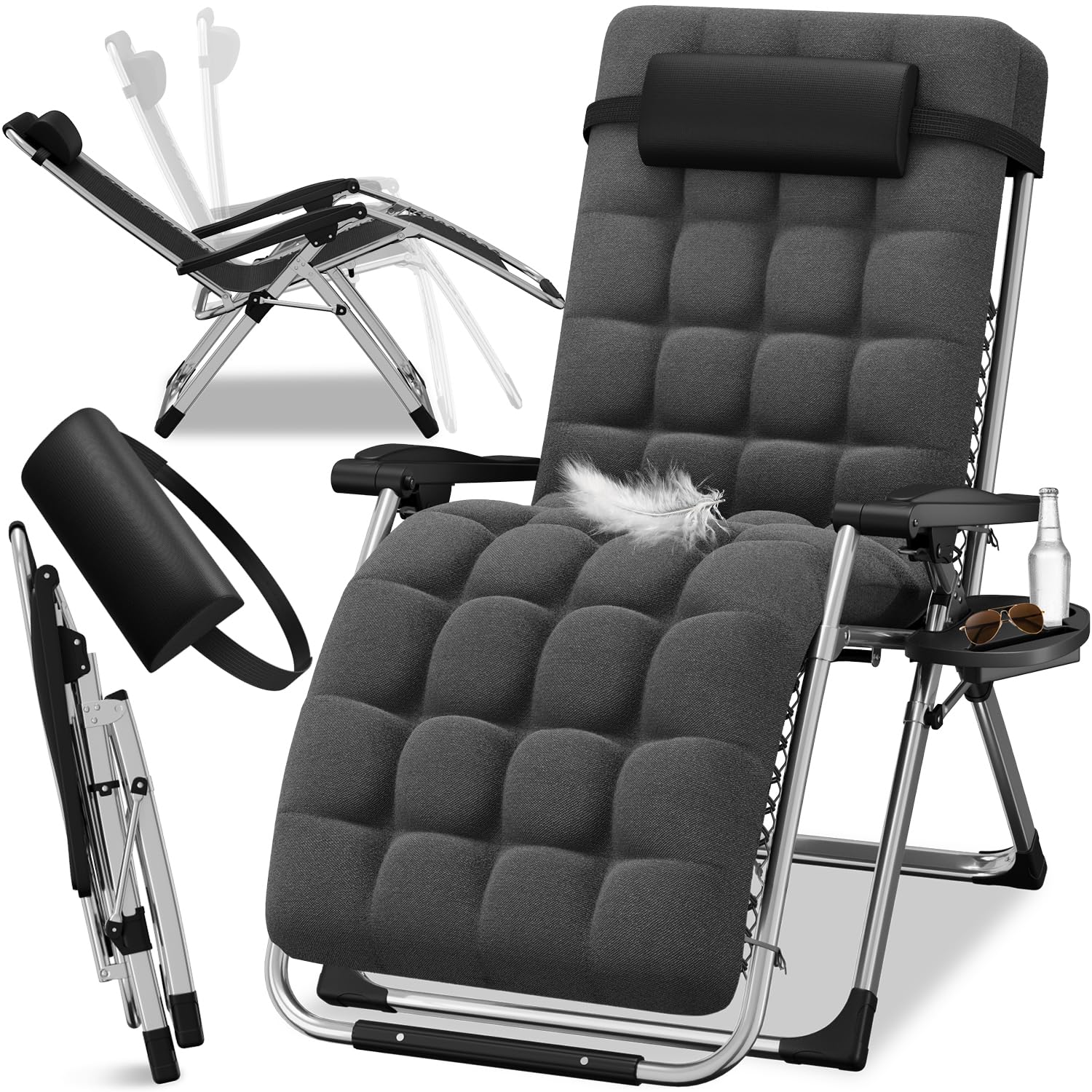 ELONEO Chaise longue pliante avec coussin premium, transat de jardin résistant aux intempéries, capacité de charge 200 kg, fauteuil de jardin avec dossier réglable, coussin appui-tête et porte-gobelet