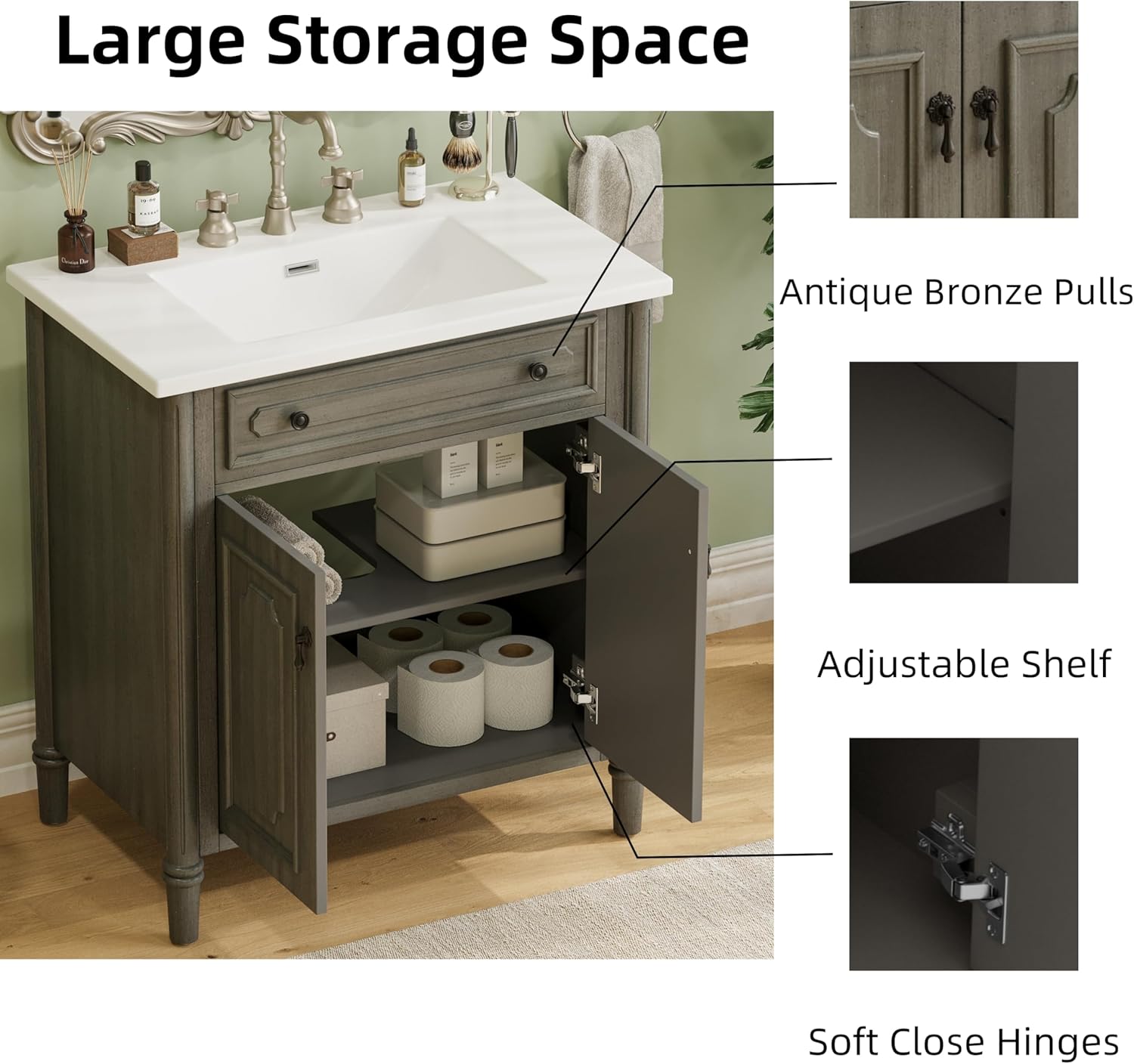 31 Inch Vintage Bathroom Vanity with Sink Cabinet Soft Close Doors Adjustable Shelf Profile Rubber Wood Legs for Small Bathroom Antique Gray
