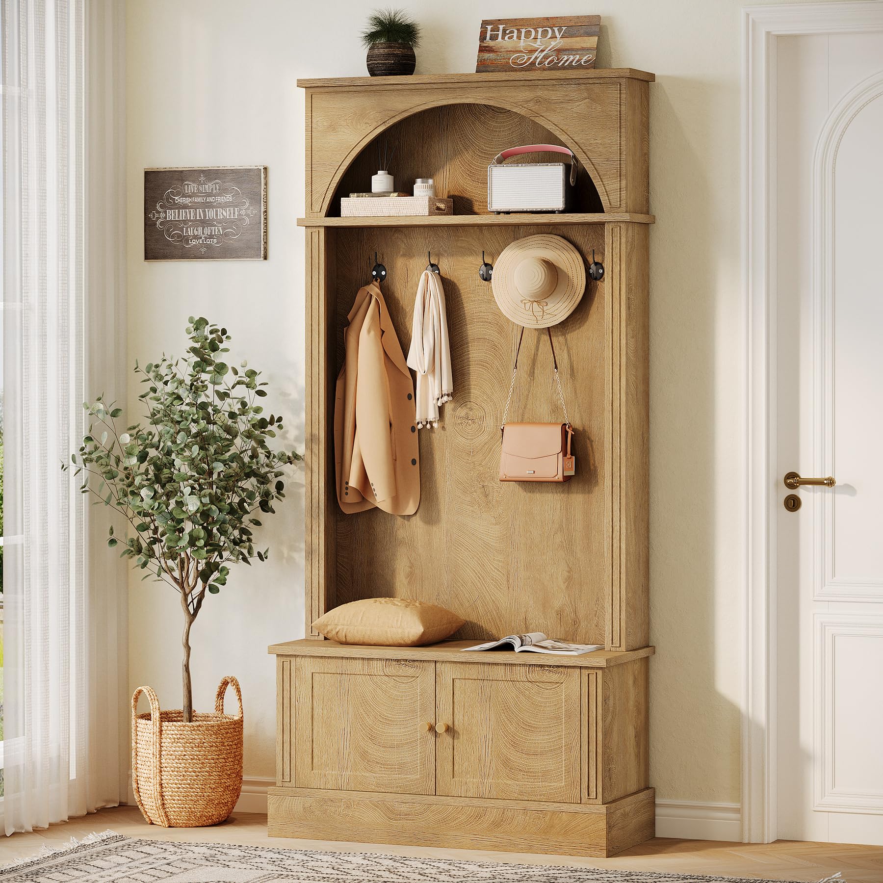 Tribesigns Porte-Manteau avec Banc à Chaussures, 83x35x180cm Meuble d'entrée, 4 en 1 Vestiaire d'entrée avec 5 Crochets Doubles, Étagères réglables, Style Campagne, Marron