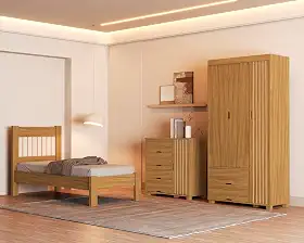 Jogo de Quarto Bela com Roupeiro, Cômoda e Cama Solteiro. (Nature)