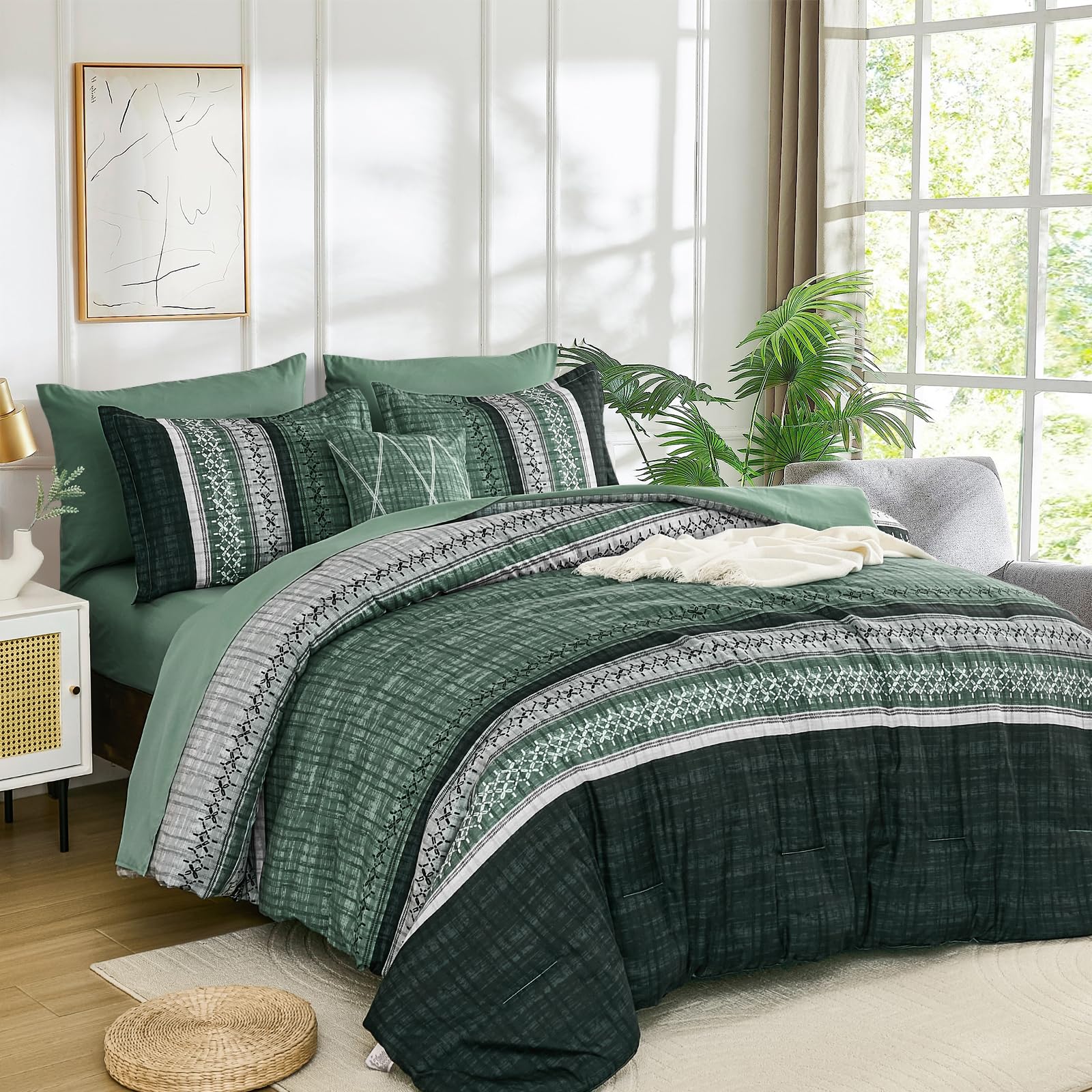 Dintszyayue Green Comforter Set King Size, 8 Pieces Boho Striped Bed in a Bag Soft Microfiber Bedding Set for All Season