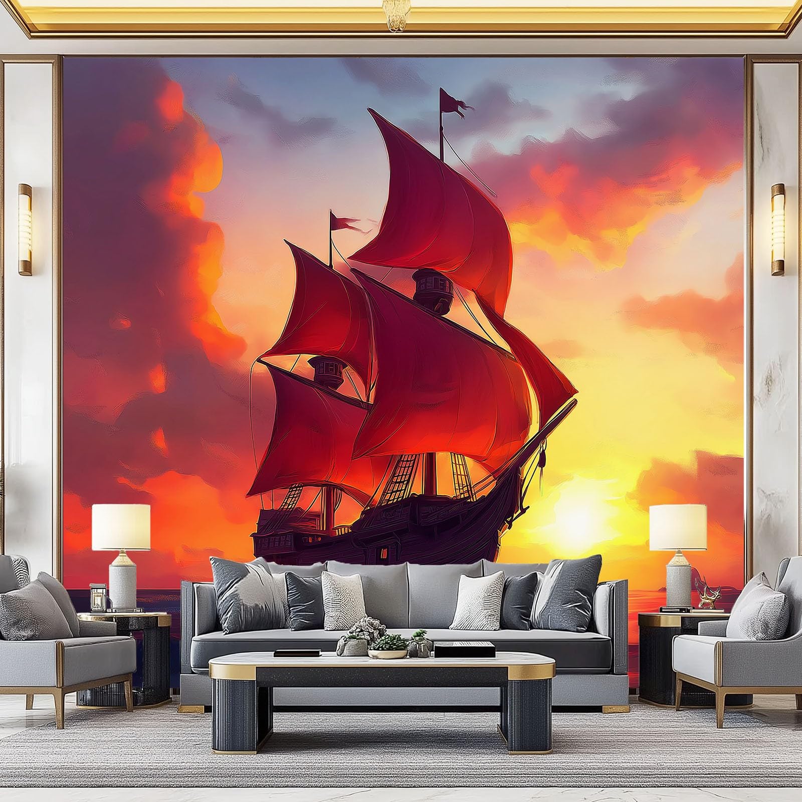 Fotomural no tejido de velero con diseño de aventura marina y acabado rojo anaranjado para hogar
