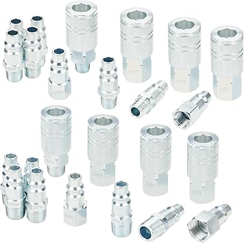 3/8 Inch Body Air Hose Quick Connect Fittings, 3/8" NPT Threads and 1/4" NPT Threads Couplers and Plugs, I/M Industrial Type 24PCS Air Compressor Accessories Kit