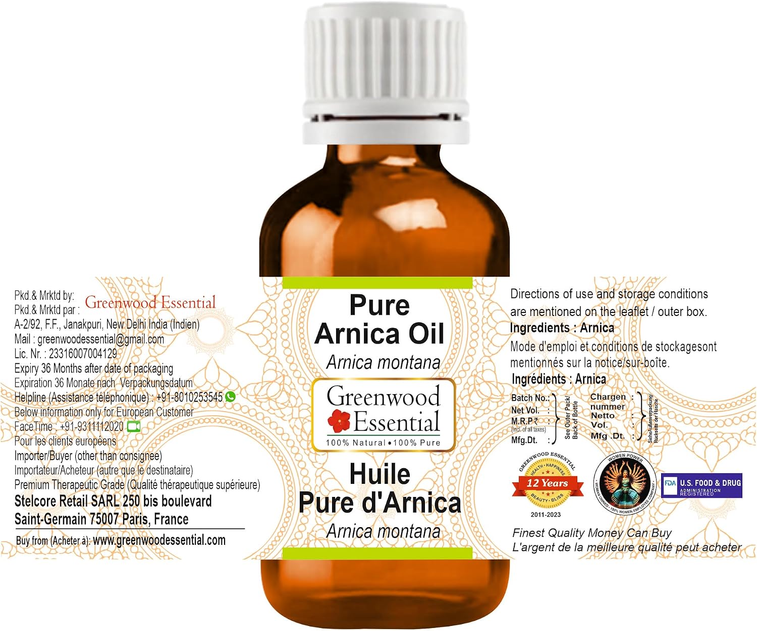 Greenwood Essential Arnica Oil (Arnica Montana) | Infused | Pure | Non-Sticky | Lightweight | for Massage Preparations | Natural | Ayurvedic | for Men & Women | All Skin Types | 100ml (3.38 oz)