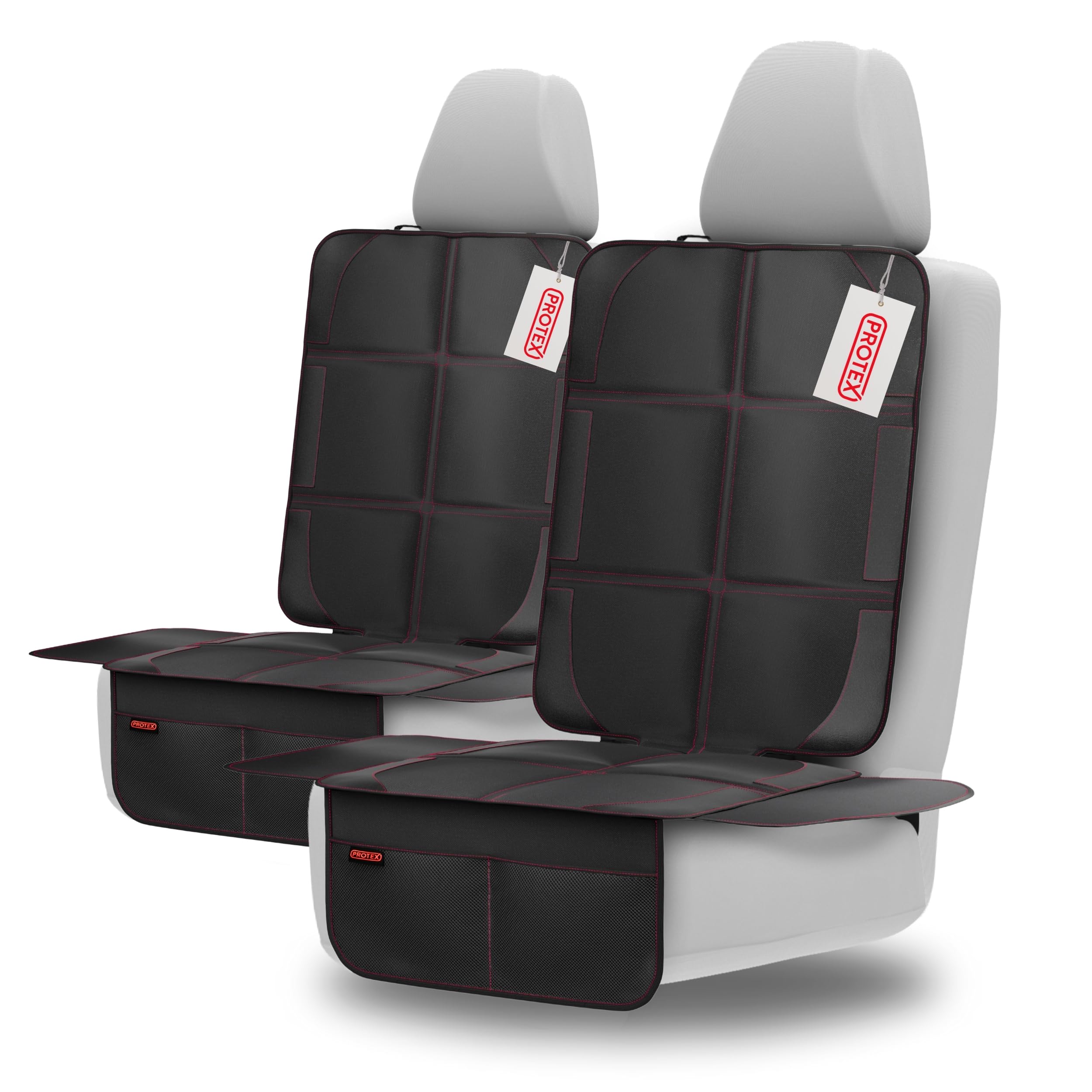 PROTEX© Child Seat Pad - ISOFIX-Compatible, Anti-SLIP Base, Black with red stitching, L (2er Set)