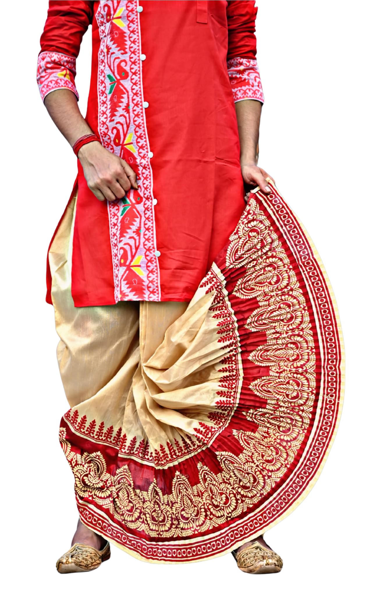 Gouri Collections Men's Ready to Wear Pant System Printed MAYUR PUCHHA Dhoti for Marriage, Pooja, Festival etc.(GC010)