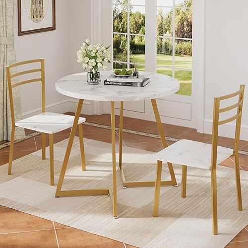 VECELO juego de mesa de comedor redonda pequeña para 2, mesa de madera con marco de metal resistente, comedor moderno con sillas para cocina,