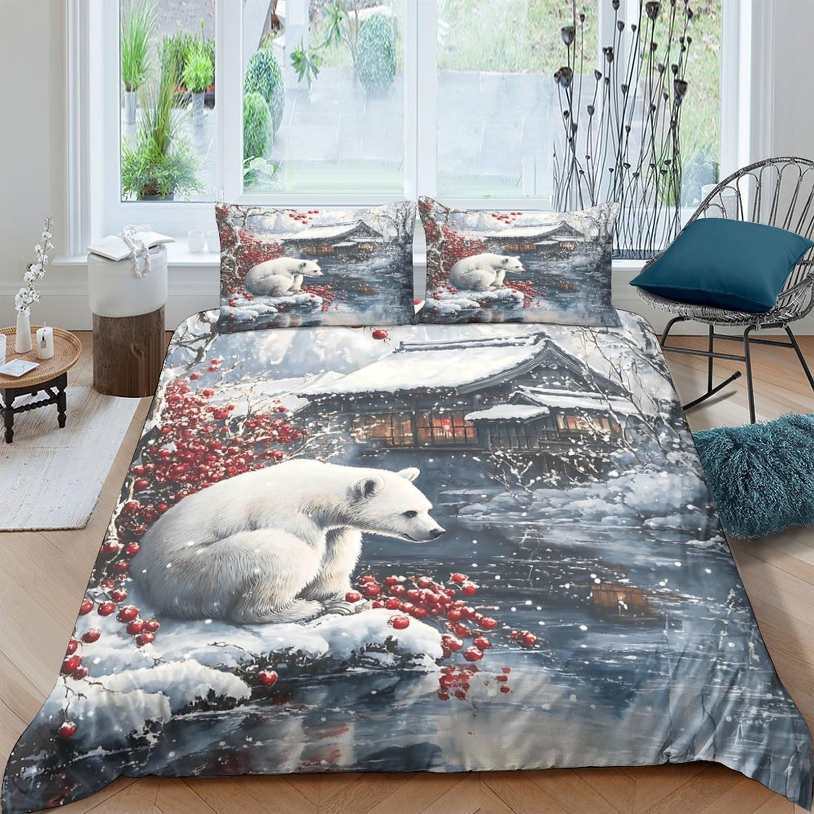 GPLZQXKJNH 3D Printed Polar Bear Winter River Duvet Cover Microfiber Soft Breathable Forest Scene Bedding Set with 2 Pillowcases for Bedroom Decor Single（135x200cm）