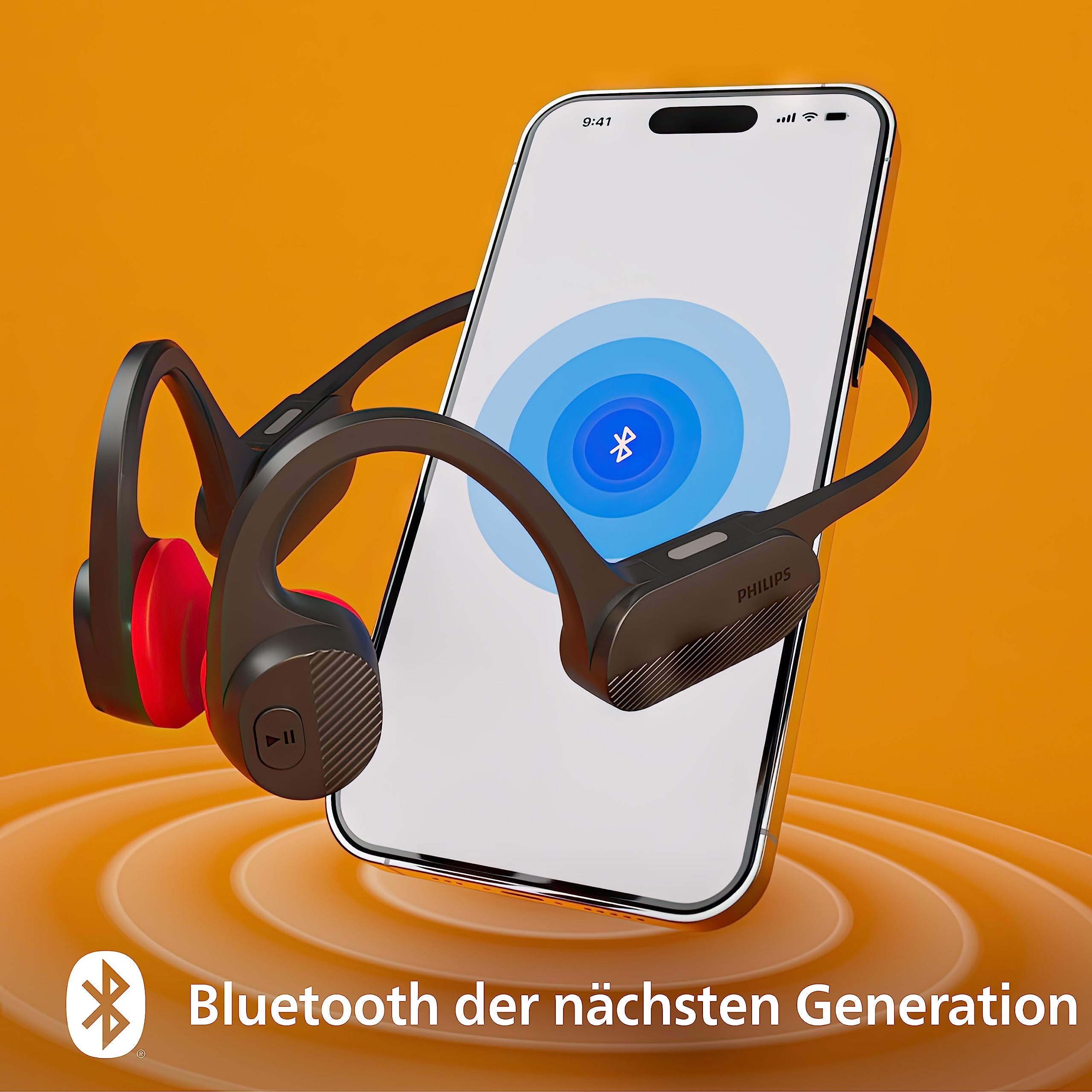 Philips TAA5608BK/00 Kabelloser Open-Ear-Sportkopfhörer|Knochenleitung|Bluetooth LE Audio & LC3|IPX5 wasserbeständig|6 Stunden Wiedergabe|LED-Sicherheitsleuchten|Mikrofon|Tasche|USB-C-Kabel|Schwarz