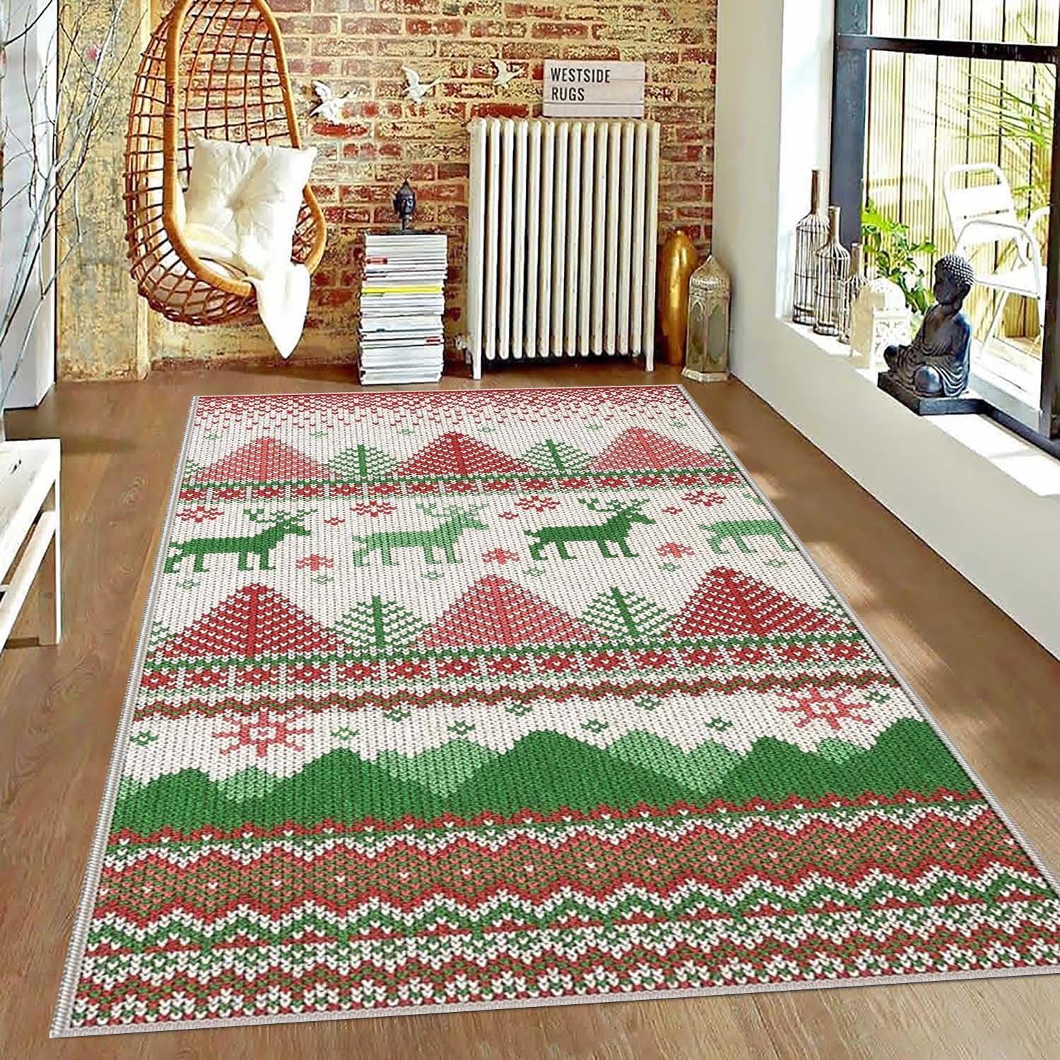 Alfombra Grande Salon con Diseño de árboles de Navidad y Renos Alfombra de Cocina Antideslizante Lavable Navideñas Alfombra Navidad de Decoración para Salon Entrada Cocina Baño,80x120cm
