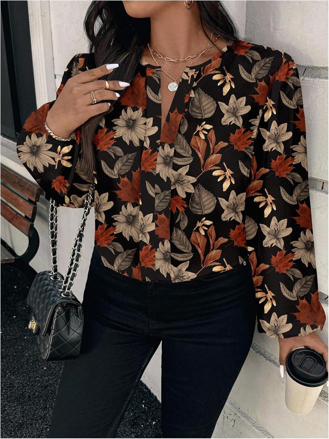 WDIRARA Women's Plus Size Floral Blouse Notched Neck Long Bishop Sleeve Shirts Boho Tops - Image 4