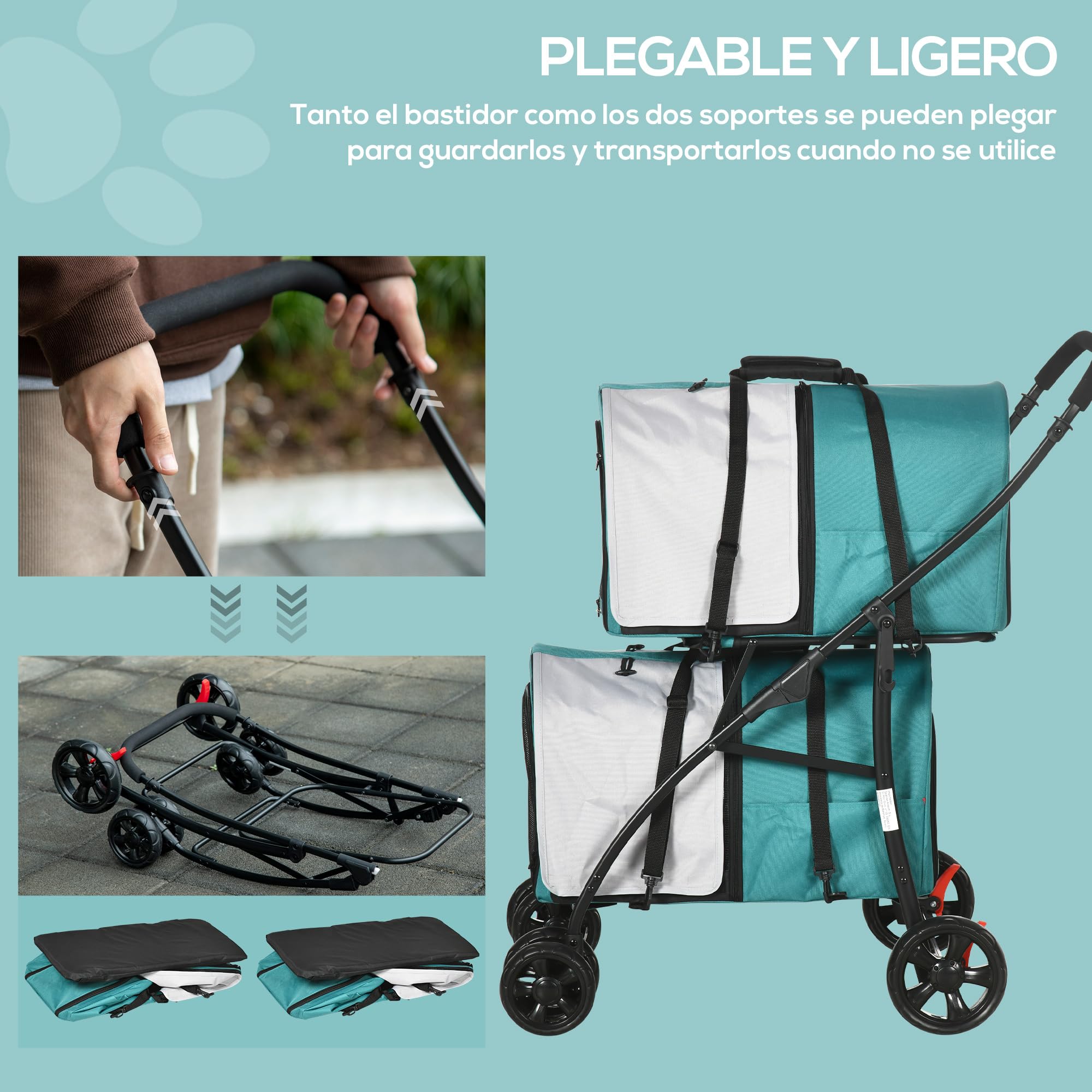 PawHut Carrito Doble para Perros Gatos Cochecito Plegable para Mascotas con 2 Transportines Extraíbles Cinturón de Seguridad Bolsillos Laterales y 2 Cojines Cada Carga 10 kg 66x50x98 cm, Verde