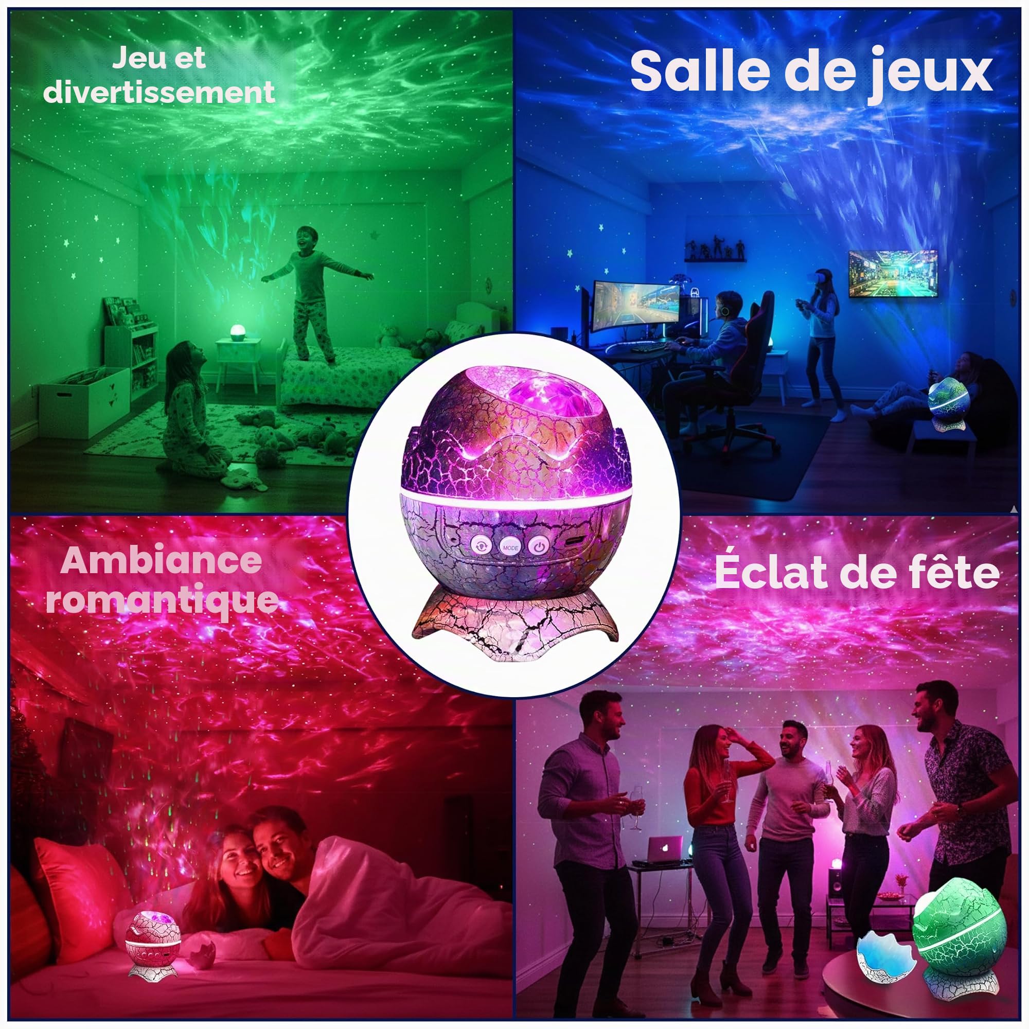 Projecteur d'étoiles Galaxie Œuf de Dinosaure : veilleuse sensorielle avec machine à bruit blanc, Bluetooth et minuterie, lampe à lave, lumières LED pour chambre à coucher, projecteur de plafond