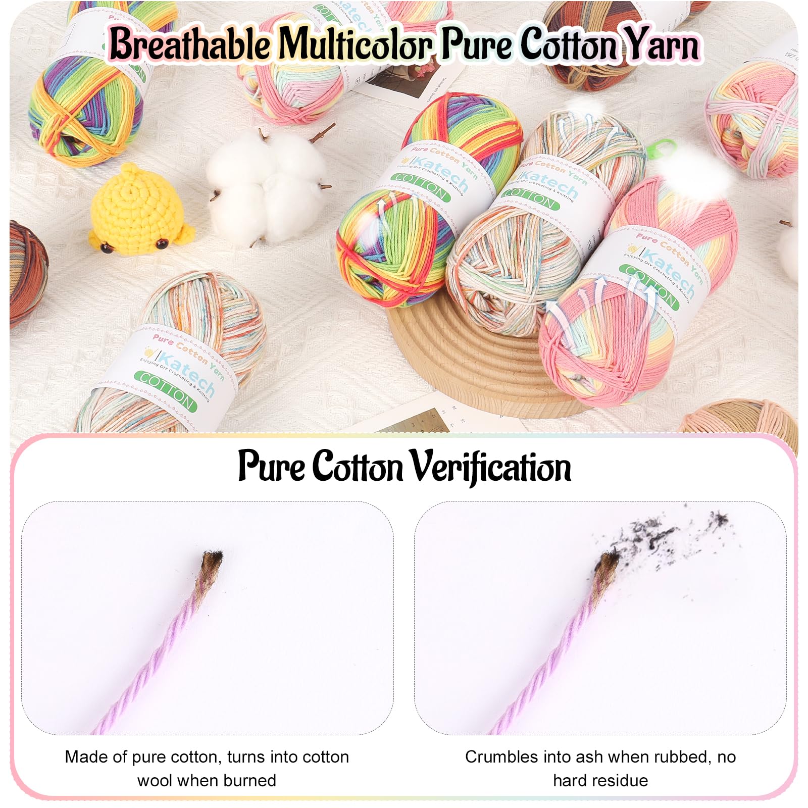Katech 1OO% Ombre Cotton Yarn for Crocheting - 2 Sport Weight Baby Yarn for Knitting - 6 Pcs of 50g(1.76oz)/160m(175yd), Fine Soft Multicolor Yarns for Baby Blankets, Afghans, Shawls, Dress, Hats (B) — view 4