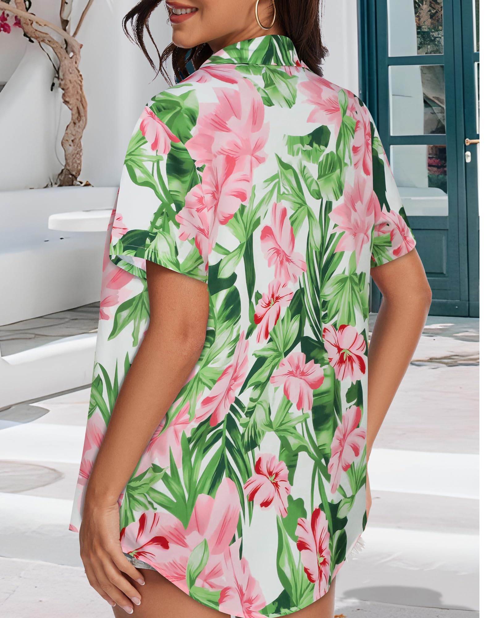 Gosunny Camicia hawaiana da donna, estiva, tropicale, hawaiana, floreale, a maniche corte, da spiaggia, con bottoni