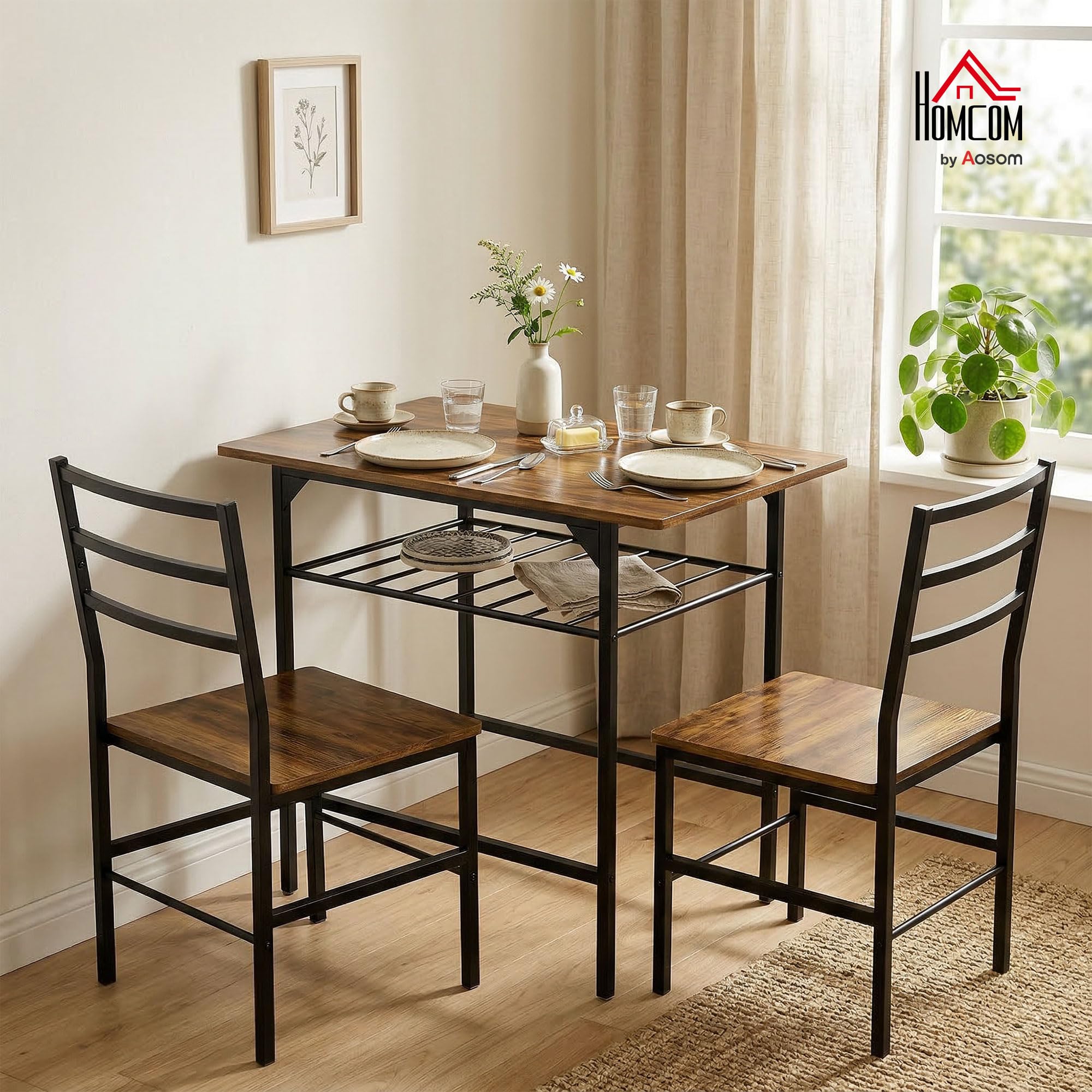 HOMCOM Ensemble Table Salle à Manger avec 2 chaises, Table de Cuisine pour 2 Personnes, étagère de Stockage, Cadre métallique, Style Industriel, idéal pour Espace réduit, Brun Rustique
