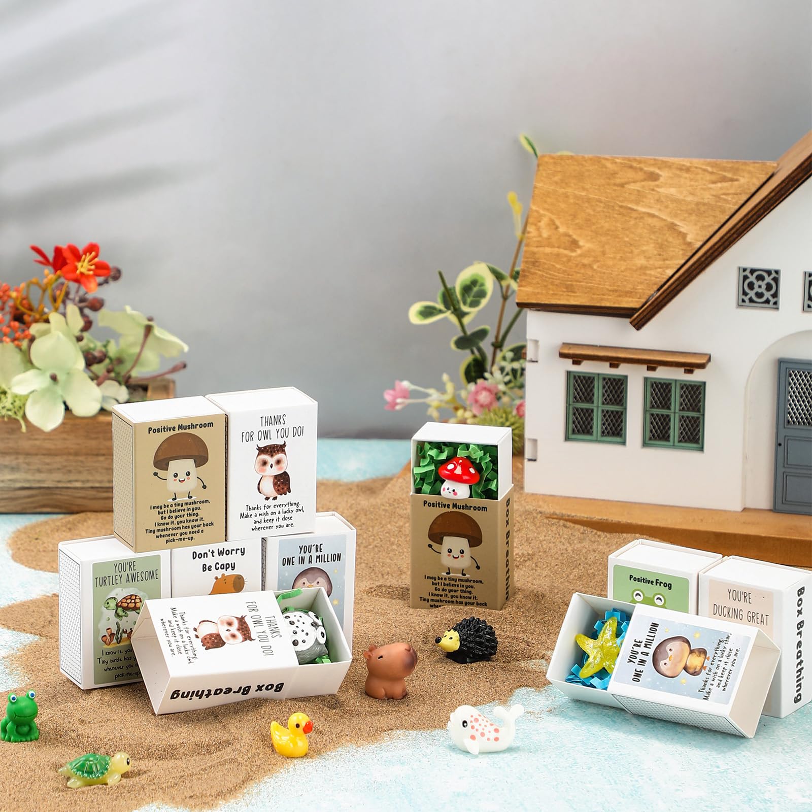 Soulchen 20 Set End of School Year Gift Mini Emotional Box Breathing Animals Inspirational Positive Support Gift for Employee Small Resin Animal Figurines with Pun Box for Teacher Nurse Office (Funny)