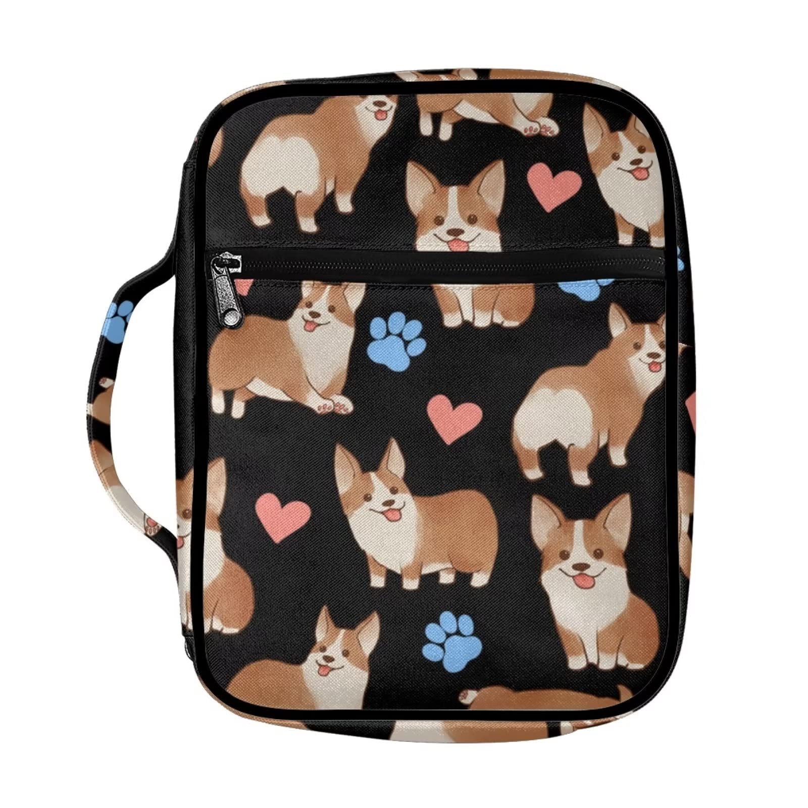 SEANATIVE Adorable Corgi Dog Heart Print Bible Cover Case for Women Girls Portable Bible Holder Carrier with Handle Pocket,Easy to Carry