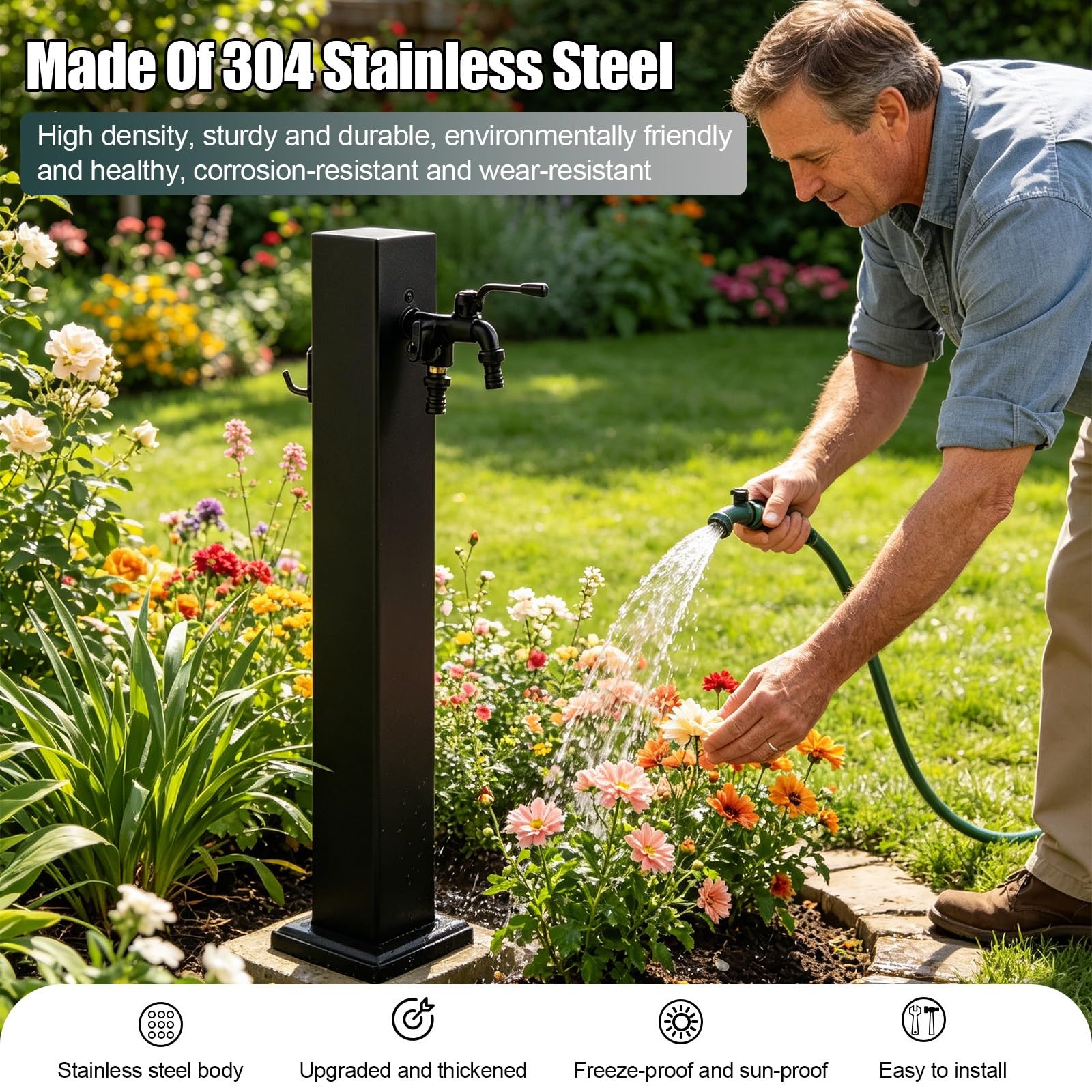 Columna de agua vertical de jardín para exteriores, soporte de manguera de acero inoxidable independiente con grifo, dispensador de agua anticongelante para riego y lavado