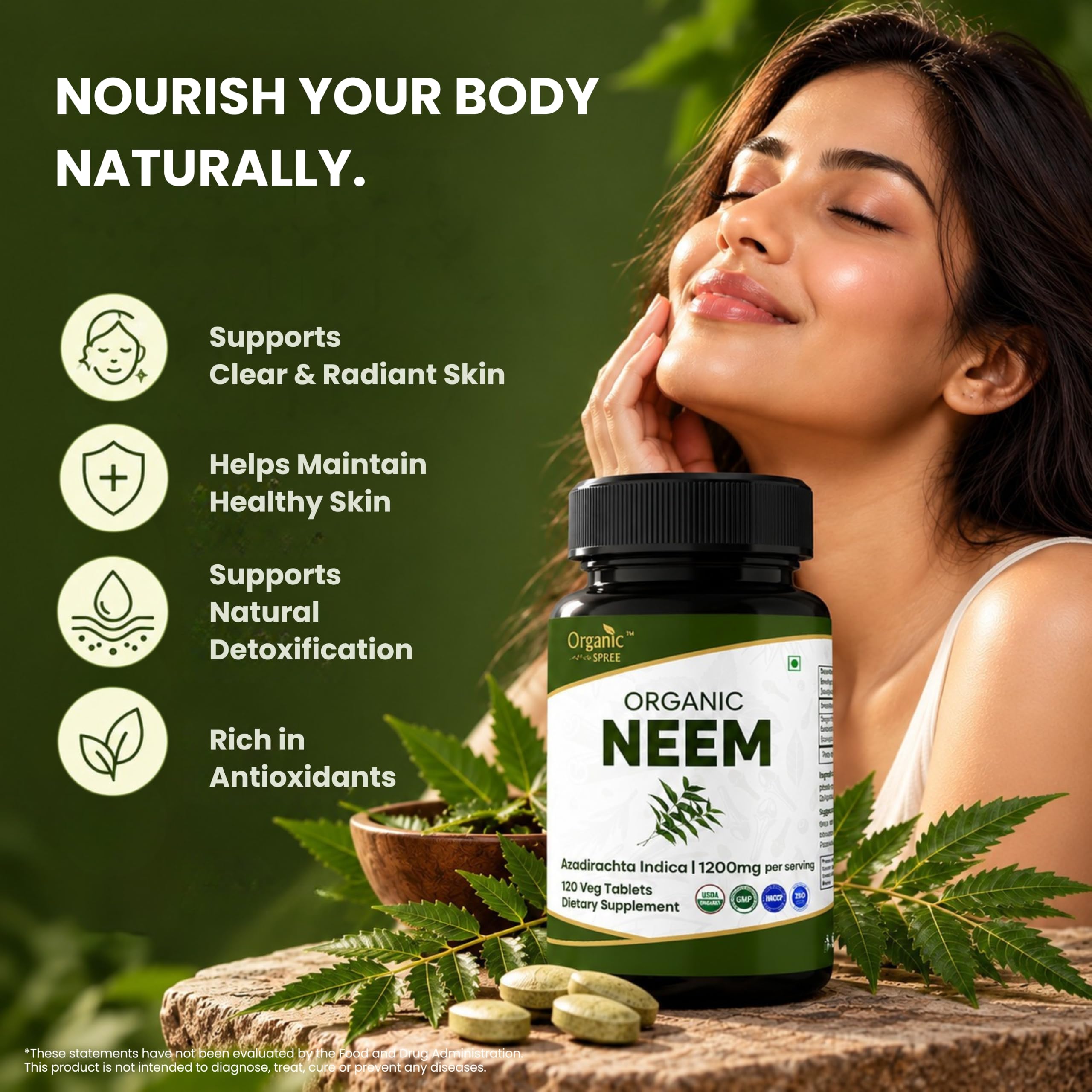 ORGANIC SPREE Neem 120 Tablets - Supports Healthy Skin, Detox & Immune Health* - Azadirachta Indica - 60 Days Supply - USDA Organic, GMP, HACCP Certified — Amazon image 4