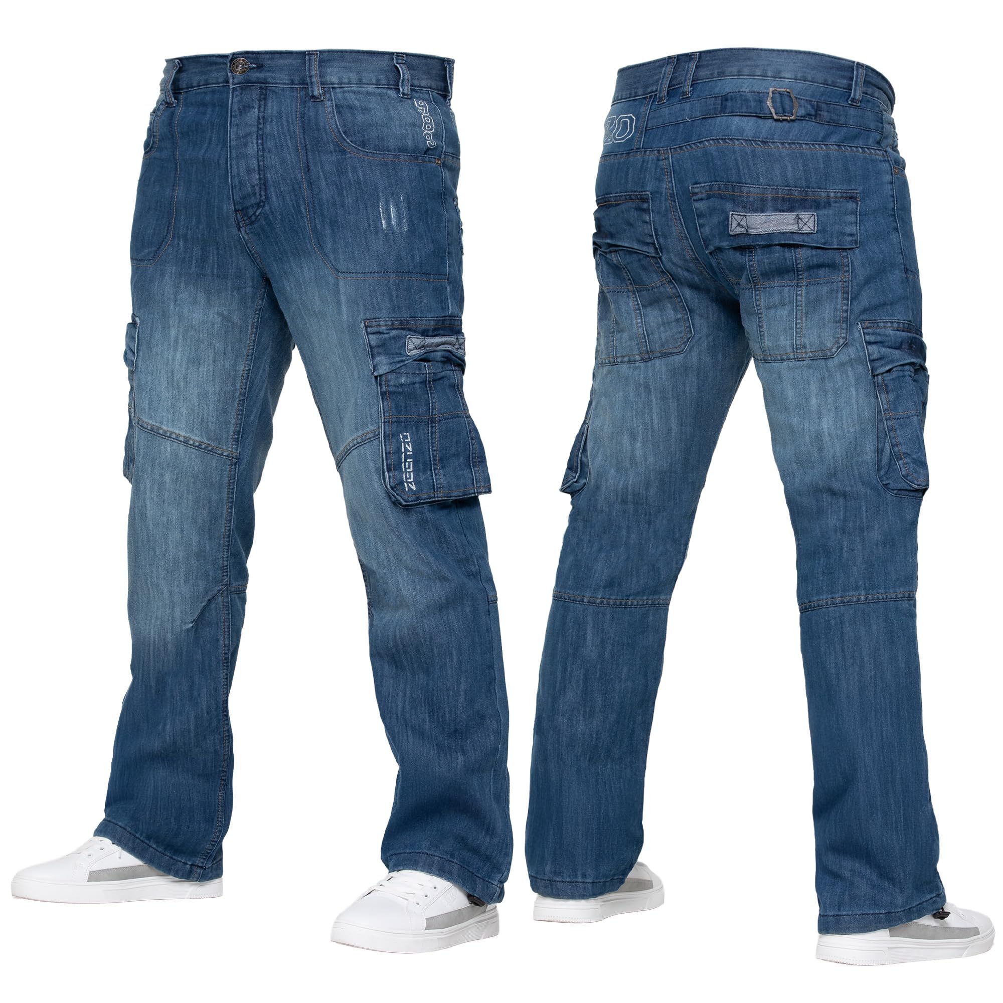 989Zé Enzo Men's Blue Cargo Combat Jeans Casual Cotton Denim Straight Leg Pants Trousers 42W / 32L