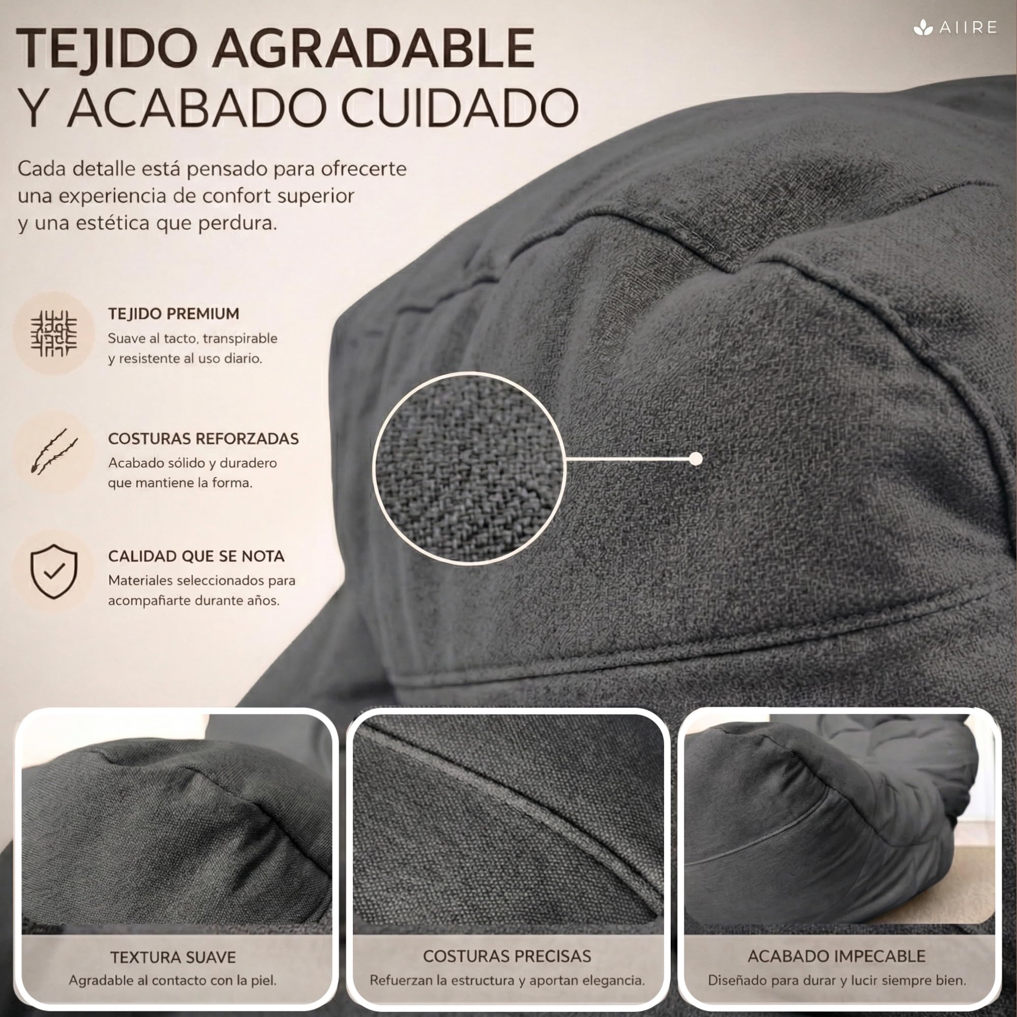 Aiire Puff Salón XXL de Diseño - Sillón Puf con Relleno Incluido para Adulto - Bean Bag Chair Premium para Dormitorio - Funda Desenfundable y Lavable Gris Oscuro