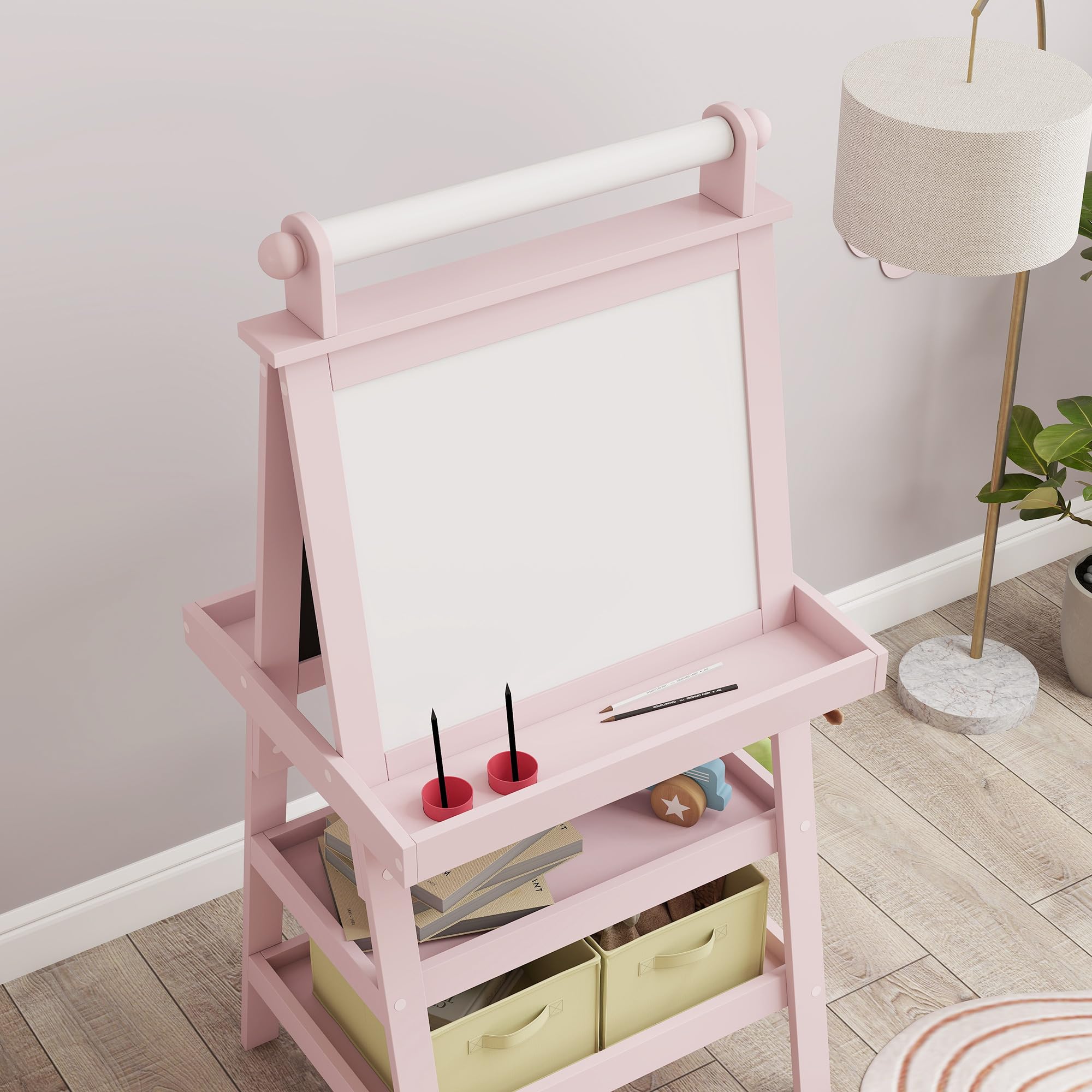 AIYAPLAY Lavagna per Bambini Cancellabile a Doppia Facciate con Rotolo di Carta e 2 Contenitori, Lavagna Magnetica Bianco, Nero con Cavalletto Artistico in Legno per Pittura e Regalo, 3-6 Anni, Rosa