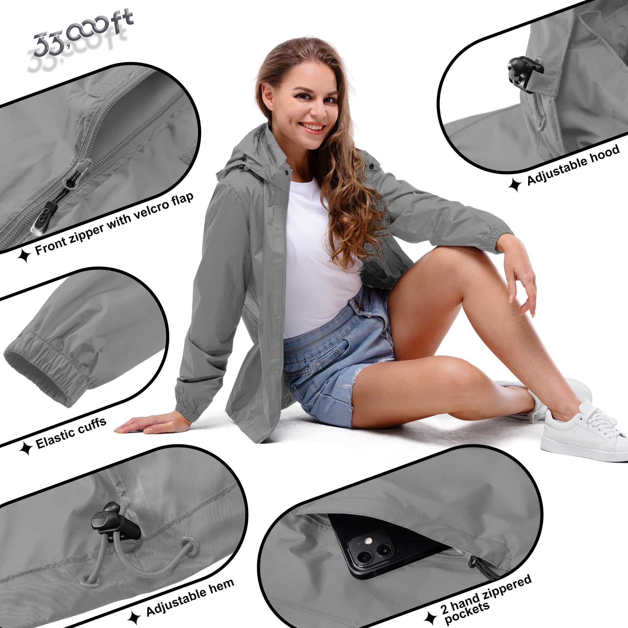 Veste de pluie compacte pour femme 33,000ft - imperméable légère avec capuche coupe-vent cyclisme