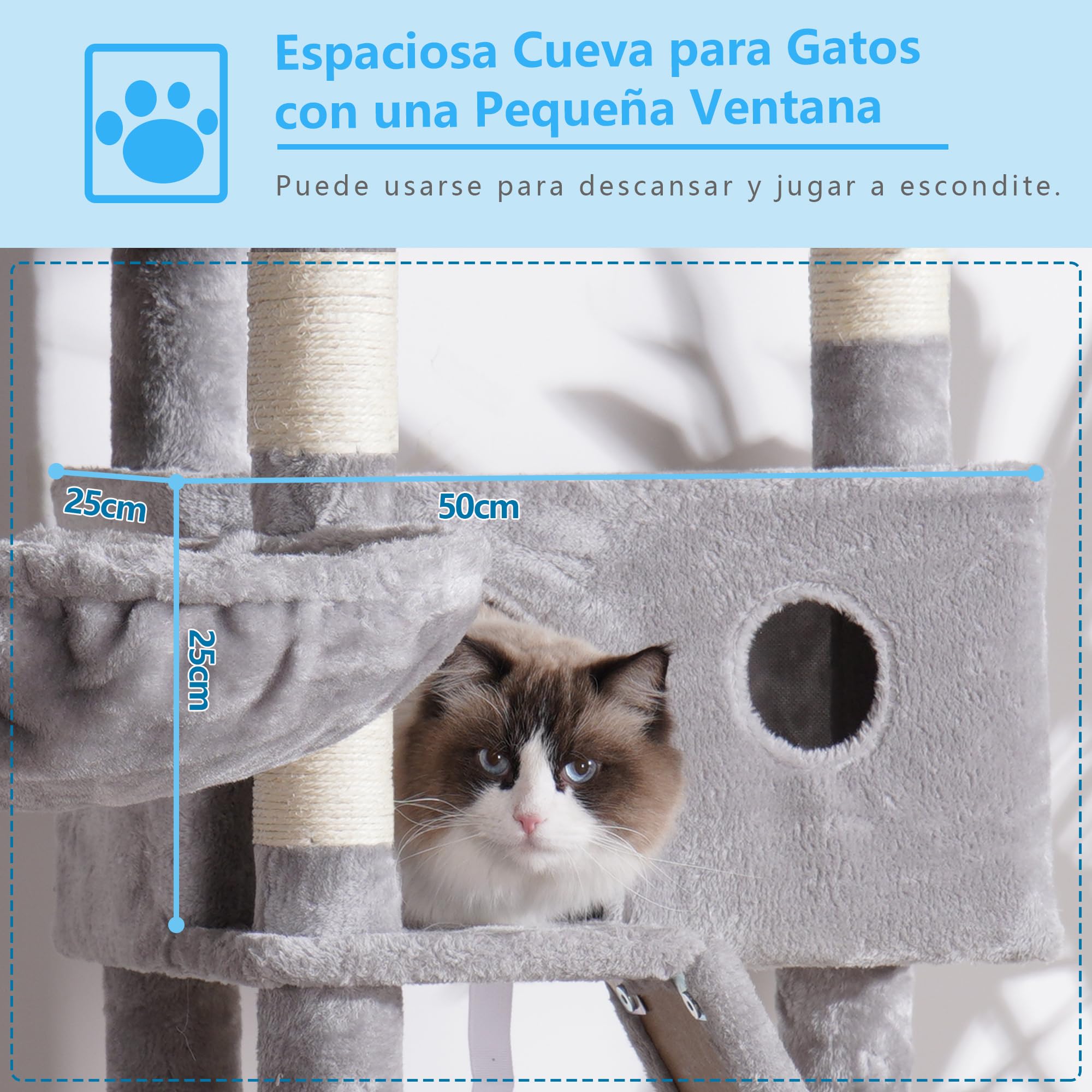 Hey-brother Albero per gatti, 154 cm, torre per gatti da interno, con piattaforma imbottita, palline giocattolo, grande condominio accogliente, amache e tiragraffi in sisal, grigio chiaro EMPJ019W