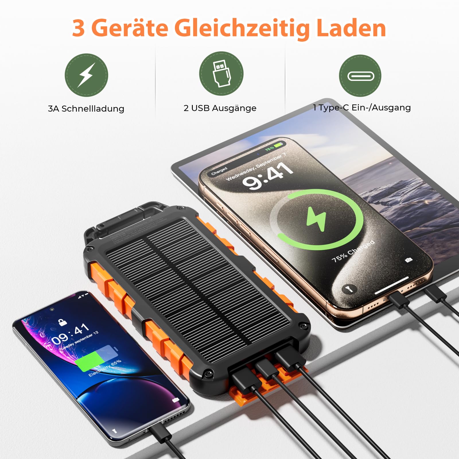 Solar Powerbank 10000mAh, PD22.5W Tragbare Solar Ladegerät USB C Externer Akku Outdoor Wasserdichtes mit LED-Licht und 3 Ausgängen für Smartphones Tablets Camping