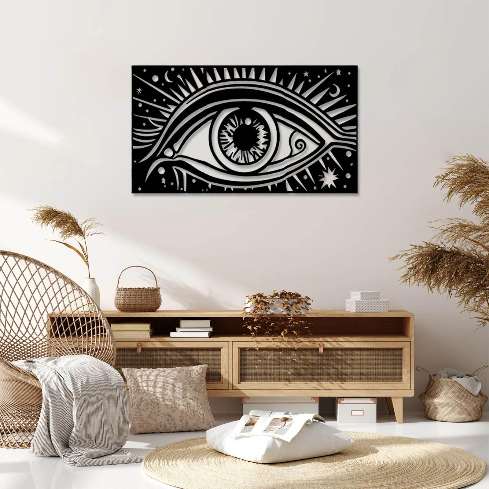 Wielka abstrakcyjna metalowa sztuka ścienna Mystical Eye Art, złe dekoracje, nowoczesna dekoracja wisząca do salonu sypialni (złoty, 30 x 17 cali/76 x 43 cm)
