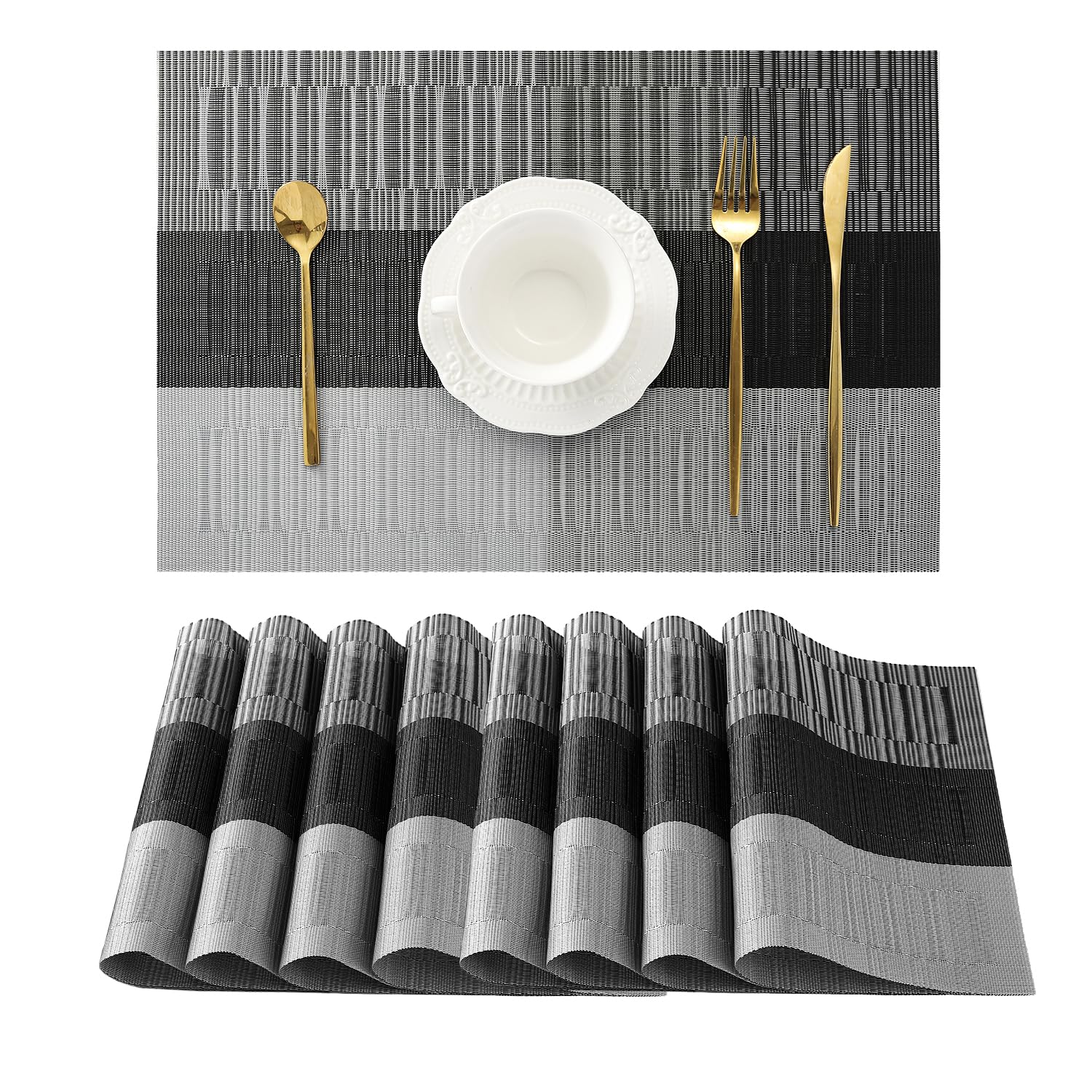 Leetaltree Grey with White Striped Placemats Set of 8 - Heat Resistant Non-Slip Place mats for Dining Table, Washable Durable PVC Vinyl Woven Table Mats（Grey Stripe, 8）
