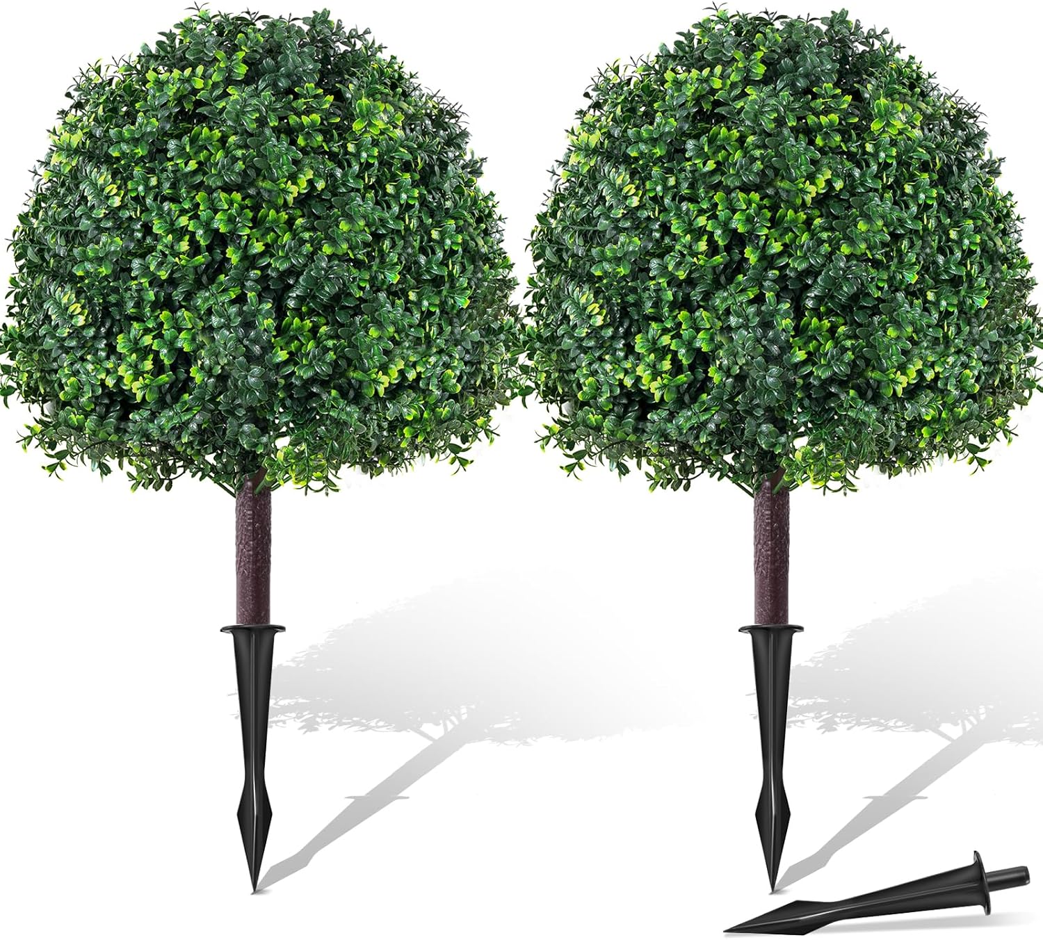 28" Artificial Boxwood Topiary Ball Tree with Ground Spike, Set of 2 Artificial Shrub Bushes, Fake Evergreen Tree for Porch, Artificial Plants Fake Boxwood Plants for Outdoor Indoor Front Door Decor