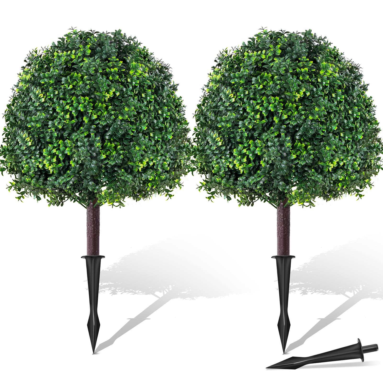 28" Artificial Boxwood Topiary Ball Tree with Ground Spike, Set of 2 Artificial Shrub Bushes, Fake Evergreen Tree for Porch, Artificial Plants Fake