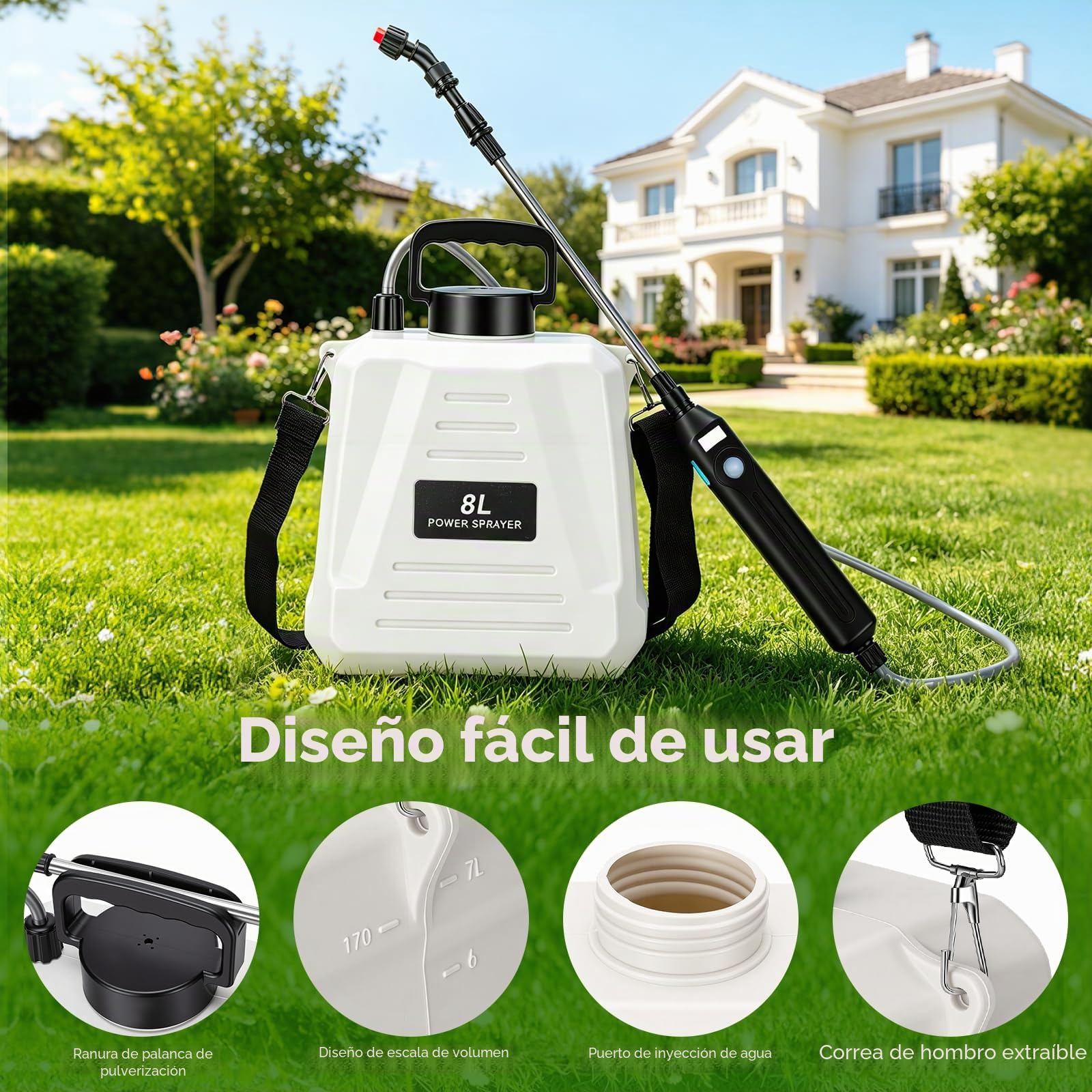 Pulverizador Eléctrico de Jardín de 8 litros con Batería USB-C, 3 Boquillas, Lanza Extensible, Correa de Hombro para Riego y Control de Malezas