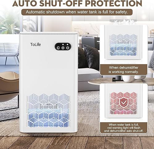 Miniatura 6 de ToLife Deshumidificador para el hogar, deshumidificadores de 1000 pies cuadrados para sótano, dormitorio, baño, con tanque de agua de 95 onzas,