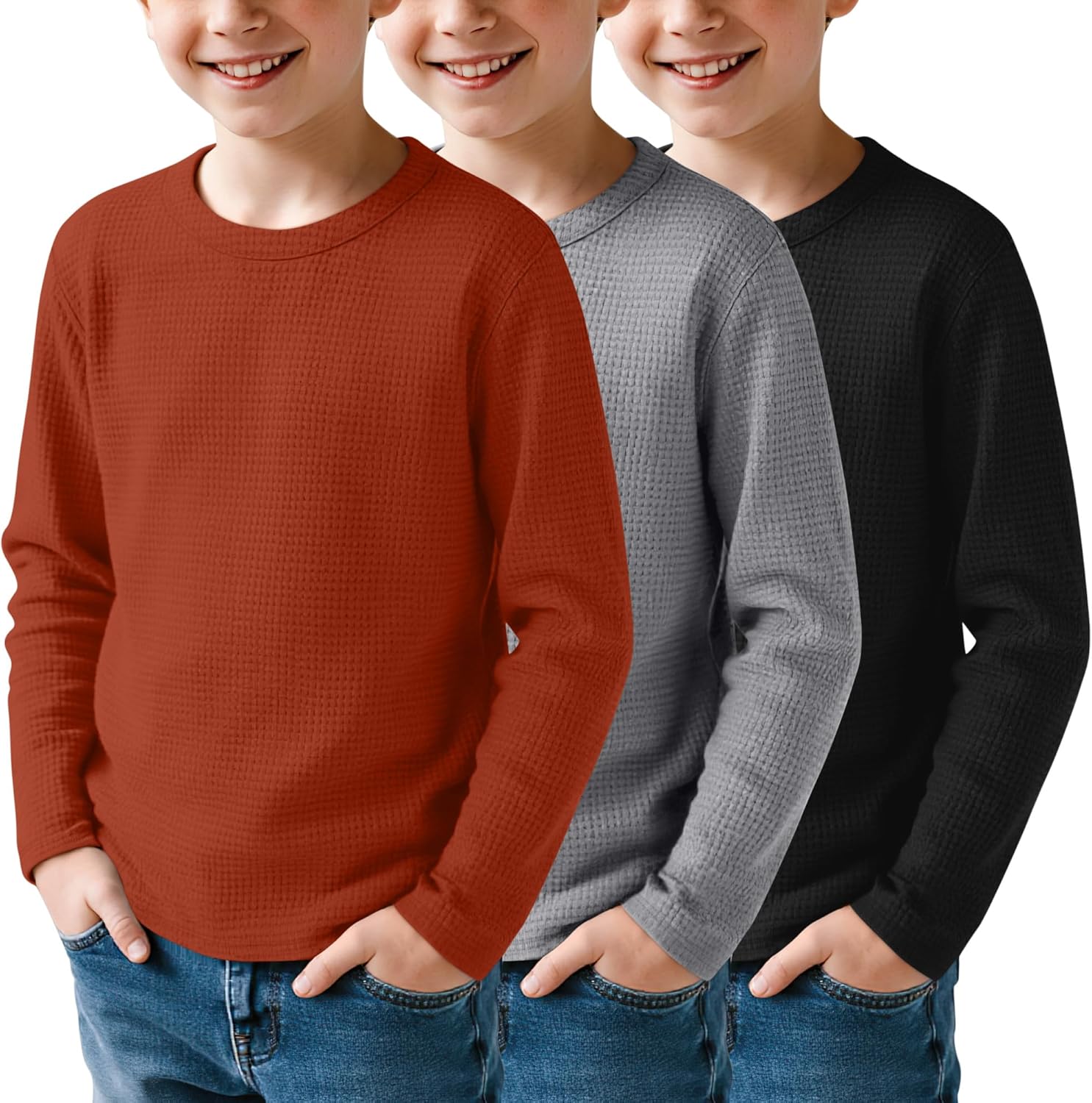 3 Pack Boys Waffle Long Sleeve T-Shirts 5-14 Years Kids Thermal Crew Neck Tops Youth Fall Warm Shirts Basic Tees