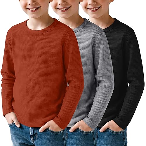 3 Pack Boys Waffle Long Sleeve T-Shirts 5-14 Years Kids