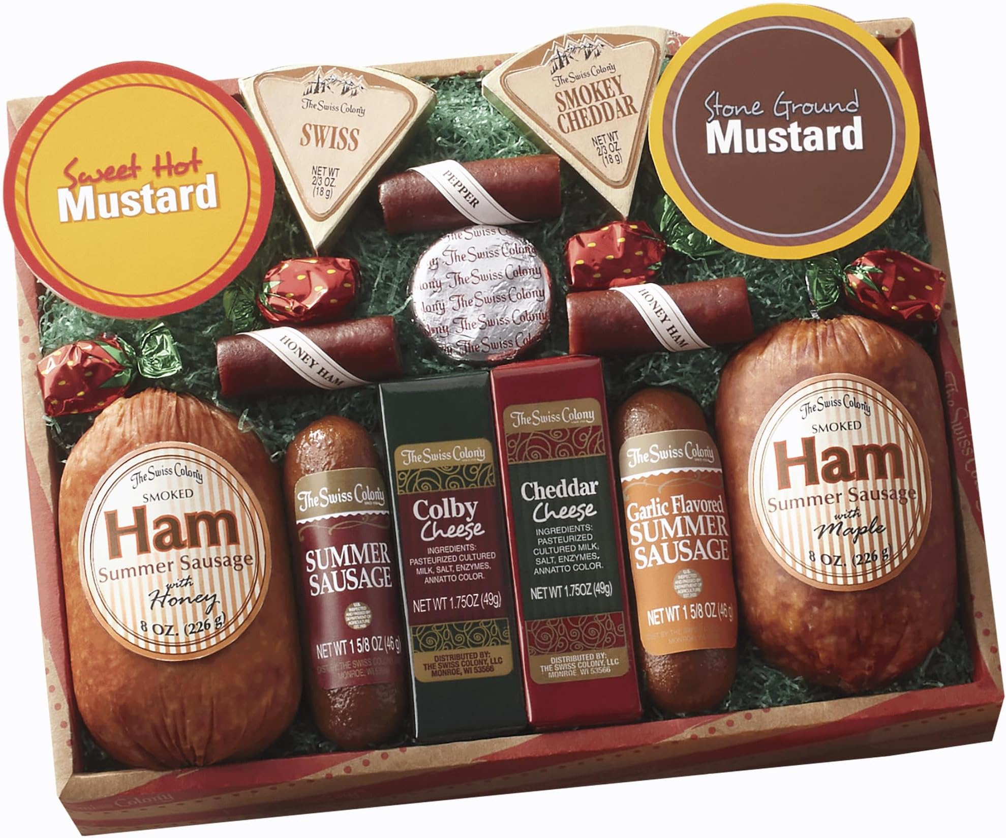 - The Swiss Colony 14 Country Favorites Gift Box Assorted Summer Sausage Meats and Cheeses, Mustards, Candies, Charcuterie Food Box for Holiday or Thank You Gifts Adults, Women, Men, 1 lb. 13 3/4 oz.
