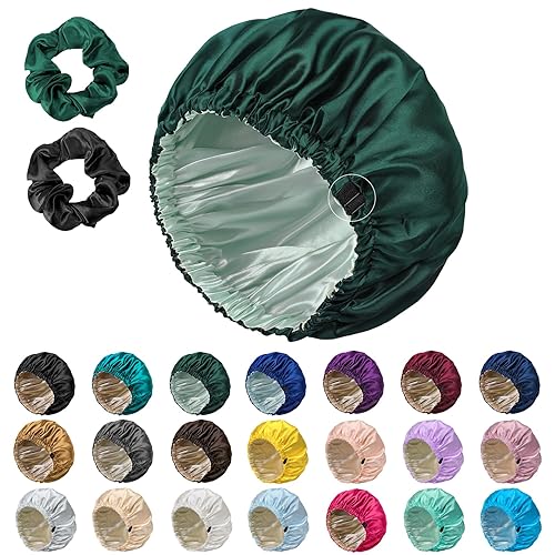 Kuraoyan Gorro de seda de doble capa para dormir para mujeres y hombres, gorra de satén ajustable grande para cabello rizado y natural