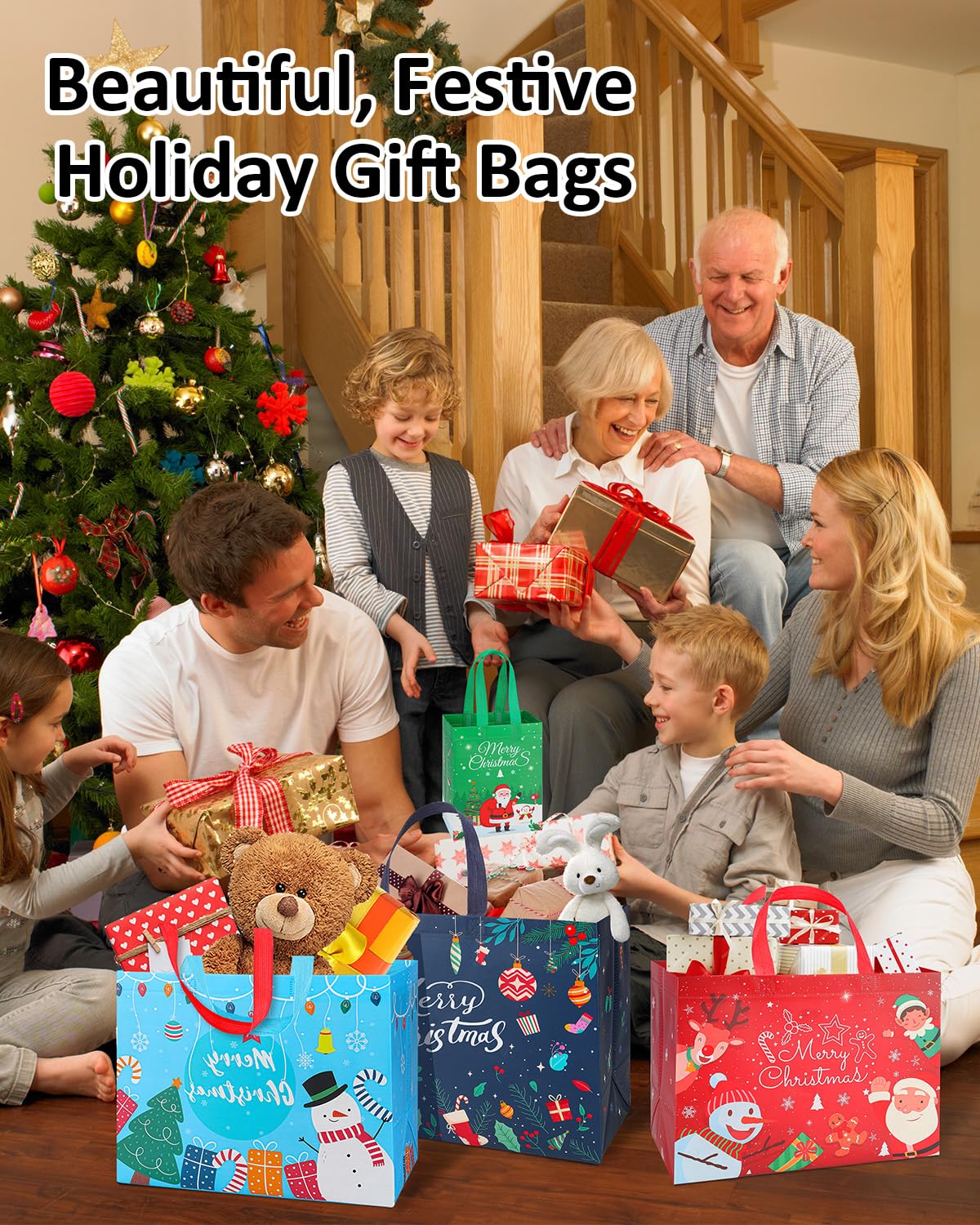 Bolsas de regalo de Navidad, 8 bolsas de Navidad con asas, bolsa de regalo de Navidad reutilizable para envolver regalos, bolsas de compras de Navidad no tejidas resistentes, bolsas de recuerdos de